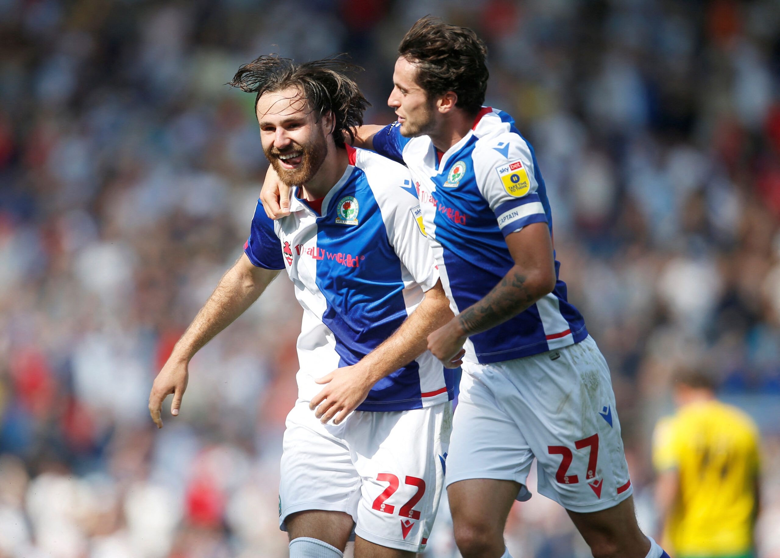 Soccer Football - Championship - Blackburn Rovers v West Bromwich Albion - Ewood Park, Blackburn, Britain - August 14, 2022 Blackburn Rovers' Ben Brereton Diaz celebrates scoring their first goal with Lewis Travis Action Images/Ed Sykes  EDITORIAL USE ONLY. No use with unauthorized audio, video, data, fixture lists, club/league logos or 