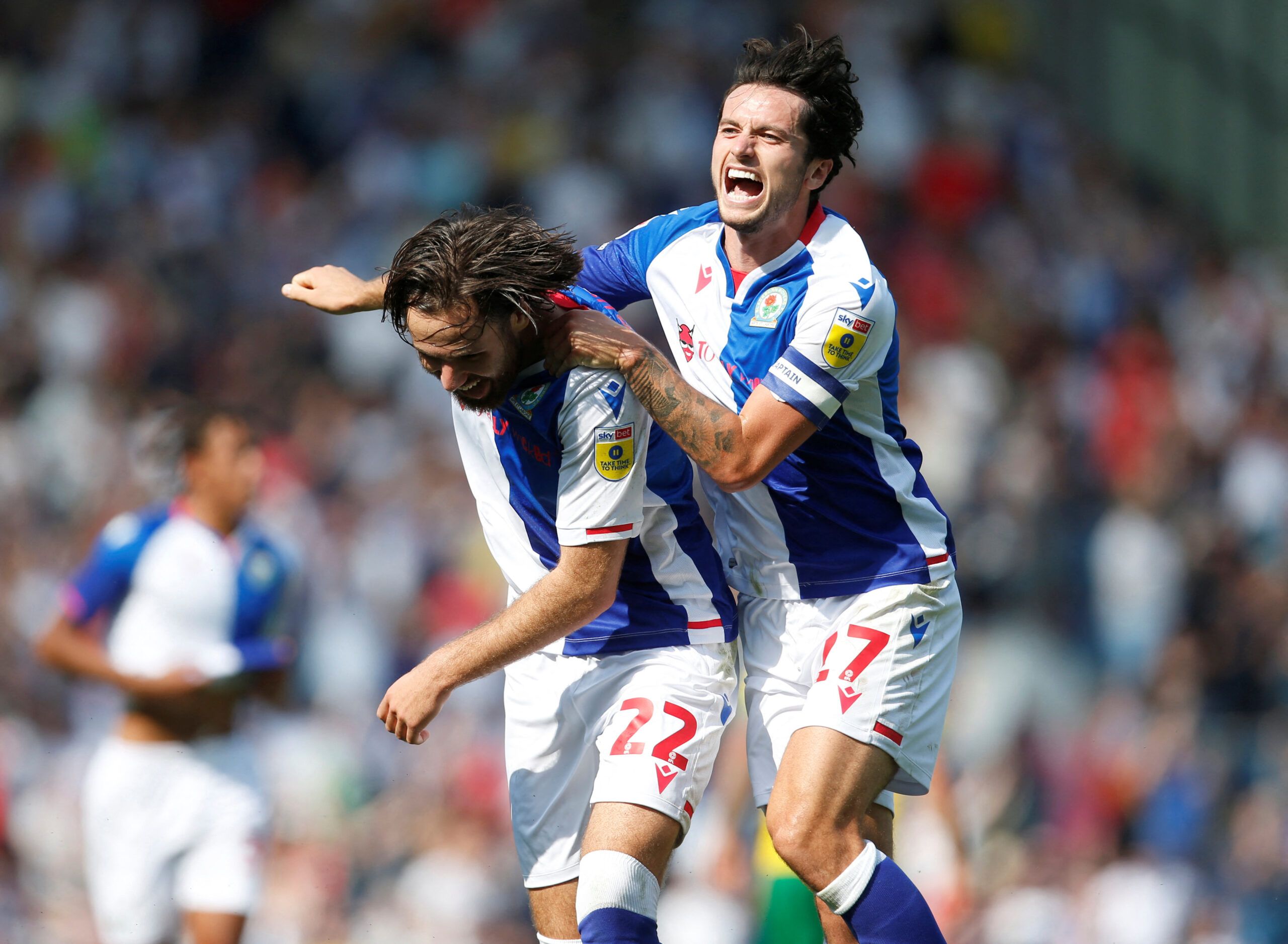 Soccer Football - Championship - Blackburn Rovers v West Bromwich Albion - Ewood Park, Blackburn, Britain - August 14, 2022 Blackburn Rovers' Ben Brereton Diaz celebrates scoring their first goal with Lewis Travis Action Images/Ed Sykes  EDITORIAL USE ONLY. No use with unauthorized audio, video, data, fixture lists, club/league logos or 
