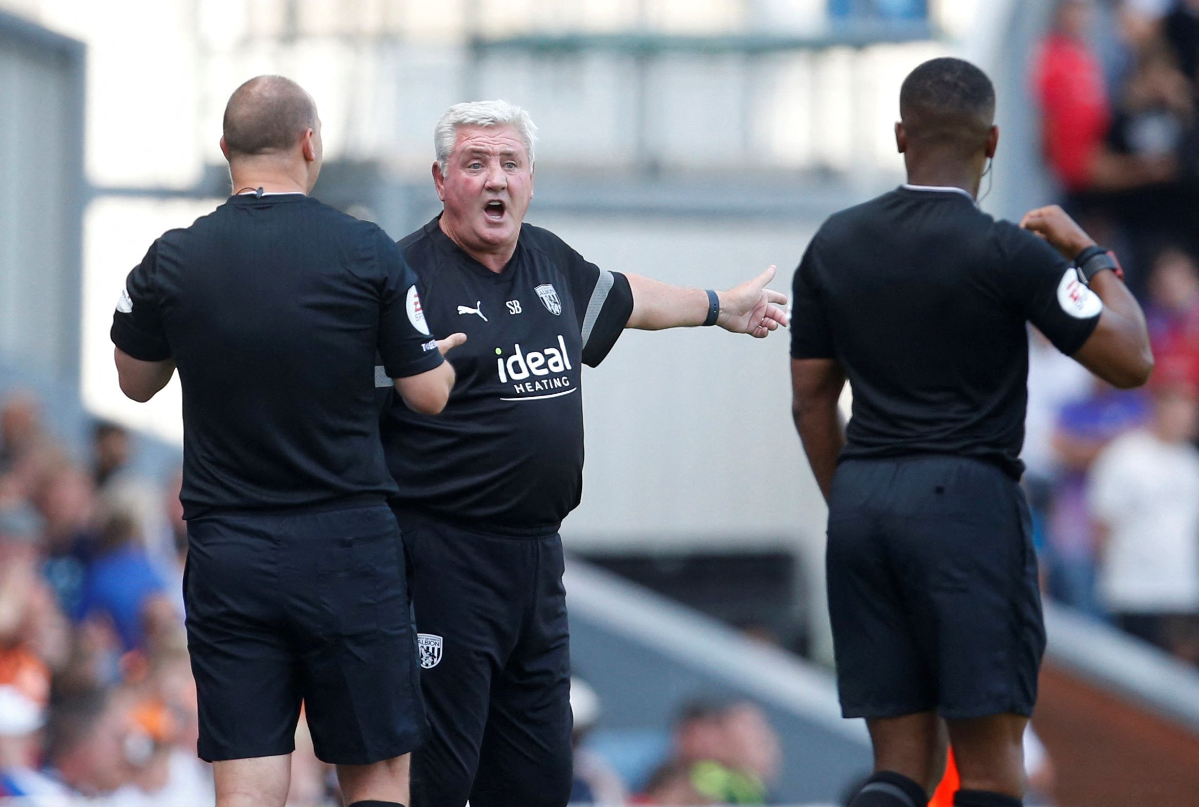 Soccer Football - Championship - Blackburn Rovers v West Bromwich Albion - Ewood Park, Blackburn, Britain - August 14, 2022 West Bromwich Albion manager Steve Bruce reacts towards the assistant referee  Action Images/Ed Sykes  EDITORIAL USE ONLY. No use with unauthorized audio, video, data, fixture lists, club/league logos or 