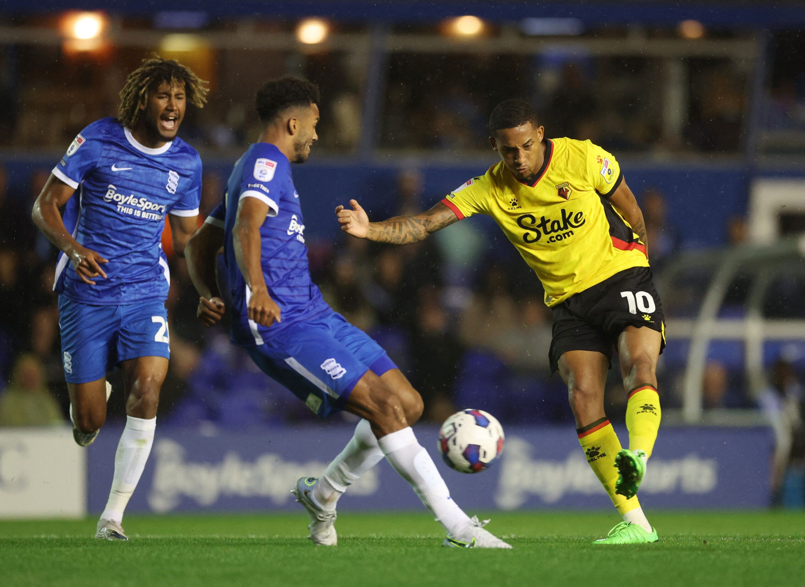 Soccer Football - Birmingham City v Watford - St Andrew's, Birmingham, Britain - August 16, 2022 Watford's Joao Pedro shoots at goal Action Images/Carl Recine EDITORIAL USE ONLY. No use with unauthorized audio, video, data, fixture lists, club/league logos or 'live' services. Online in-match use limited to 75 images, no video emulation. No use in betting, games or single club /league/player publications.  Please contact your account representative for further details.