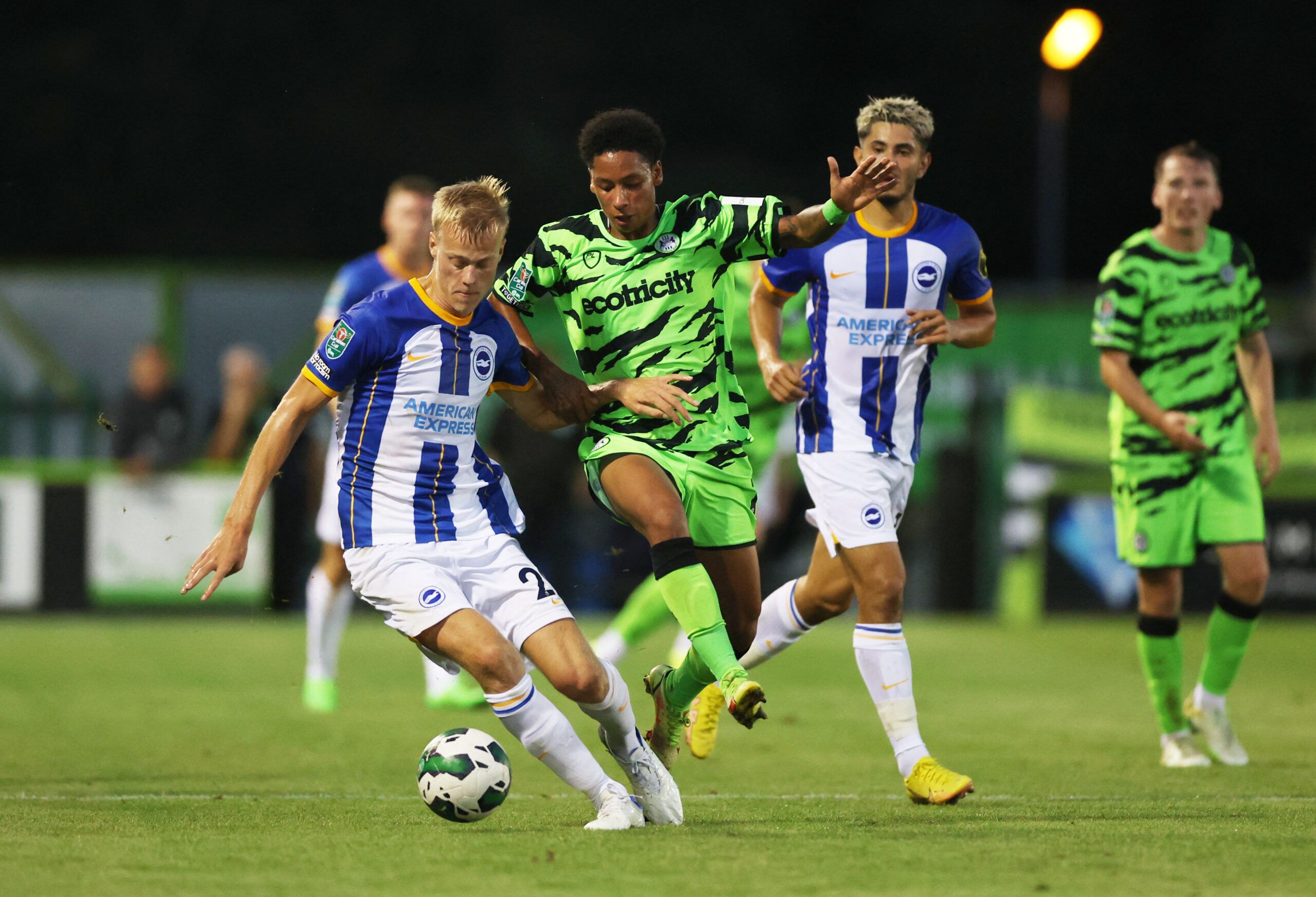 Soccer Football - Carabao Cup Second Round - Forest Green Rovers v Brighton &amp; Hove Albion - The New Lawn, Nailsworth, Britain - August 24, 2022 Brighton &amp; Hove Albion's Jan Paul van Hecke in action with Forest Green Rovers' Sean Dominic Robertson Action Images via Reuters/Matthew Childs EDITORIAL USE ONLY. No use with unauthorized audio, video, data, fixture lists, club/league logos or 'live' services. Online in-match use limited to 75 images, no video emulation. No use in betting, games