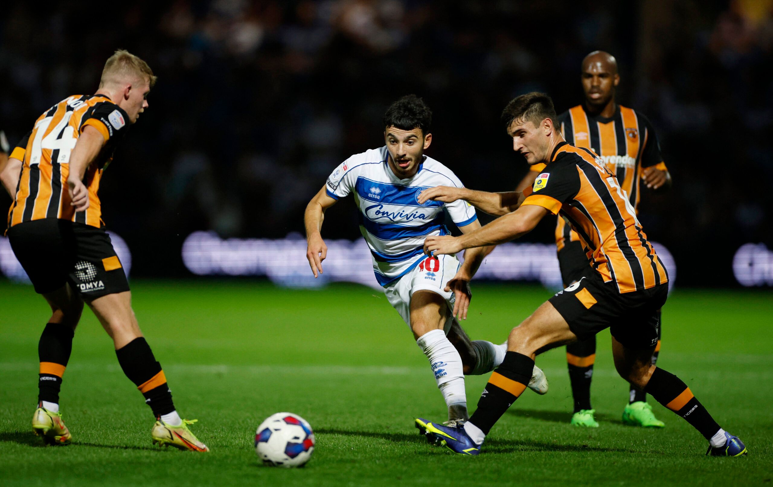 Soccer Football - Championship - Queens Park Rangers v Hull City - Loftus Road, London, Britain - August 30, 2022  Queens Park Rangers' Ilias Chair in action with Hull City's Ryan Longman Action Images/John Sibley EDITORIAL USE ONLY. No use with unauthorized audio, video, data, fixture lists, club/league logos or 'live' services. Online in-match use limited to 75 images, no video emulation. No use in betting, games or single club /league/player publications.  Please contact your account represen