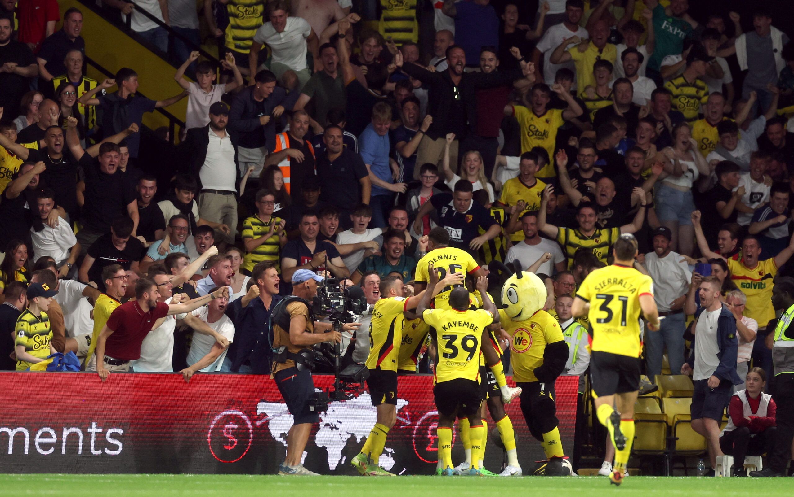 Soccer Football - Championship - Watford v Sheffield United - Vicarage Road, Watford, Britain - August 1, 2022 Watford's Joao Pedro celebrates scoring their first goal with teammates   Action Images/Paul Childs  EDITORIAL USE ONLY. No use with unauthorized audio, video, data, fixture lists, club/league logos or 