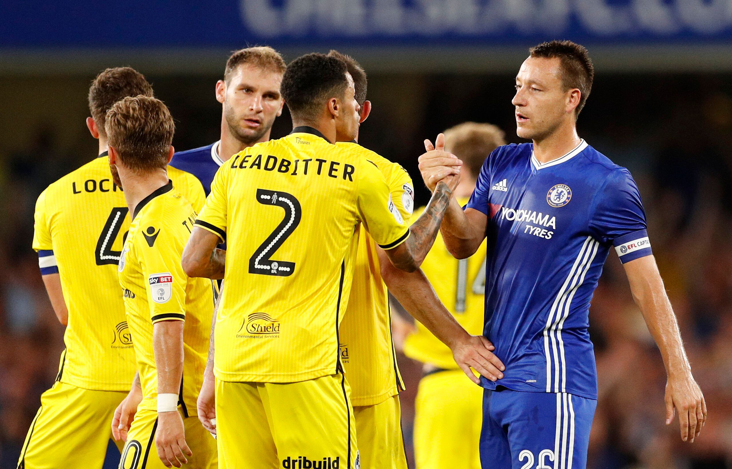 Football Soccer Britain - Chelsea v Bristol Rovers - EFL Cup Second Round - Stamford Bridge - 23/8/16 
Chelsea's John Terry shakes hands with Bristol Rovers' Daniel Leadbitter after the game 
Action Images via Reuters / John Sibley 
Livepic 
EDITORIAL USE ONLY. No use with unauthorized audio, video, data, fixture lists, club/league logos or 