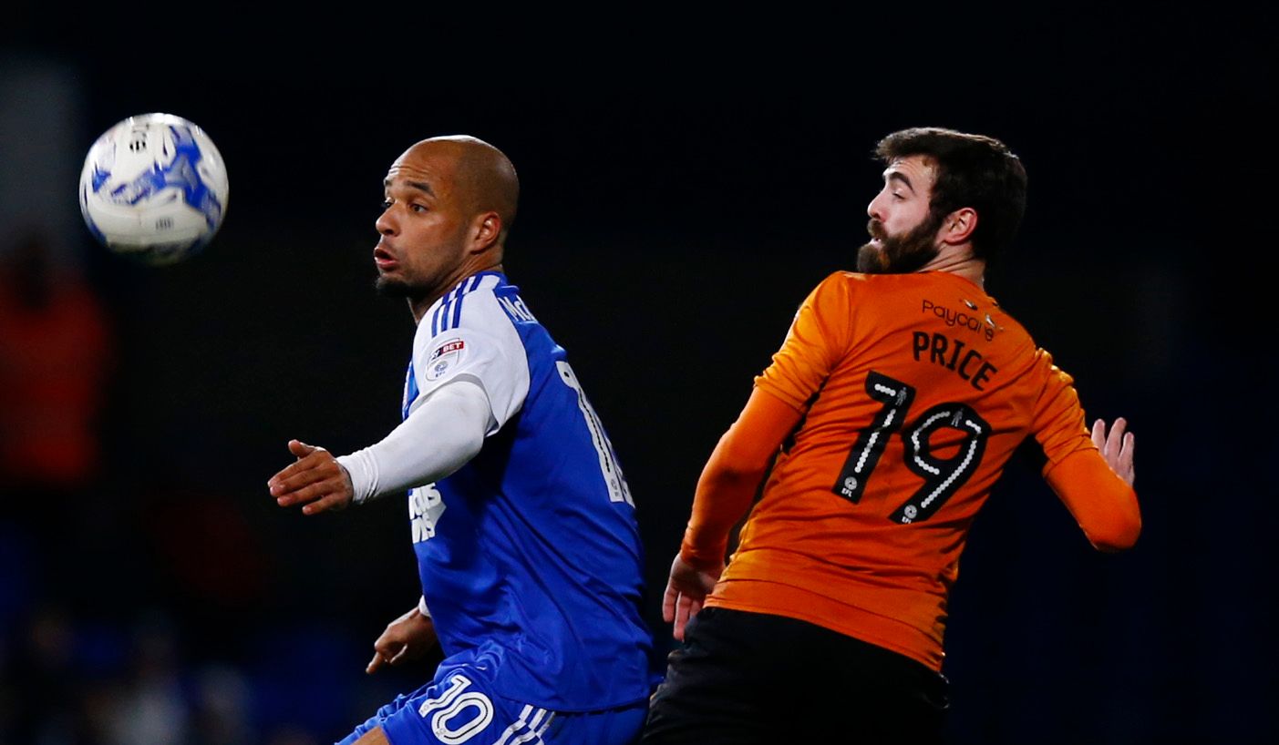 Britain Football Soccer - Ipswich Town v Wolverhampton Wanderers - Sky Bet Championship - Portman Road - 7/3/17 Ipswich Town's David McGoldrick in action against Wolves' Jack Price (R) Mandatory Credit: Action Images / Peter Cziborra Livepic EDITORIAL USE ONLY. No use with unauthorized audio, video, data, fixture lists, club/league logos or 