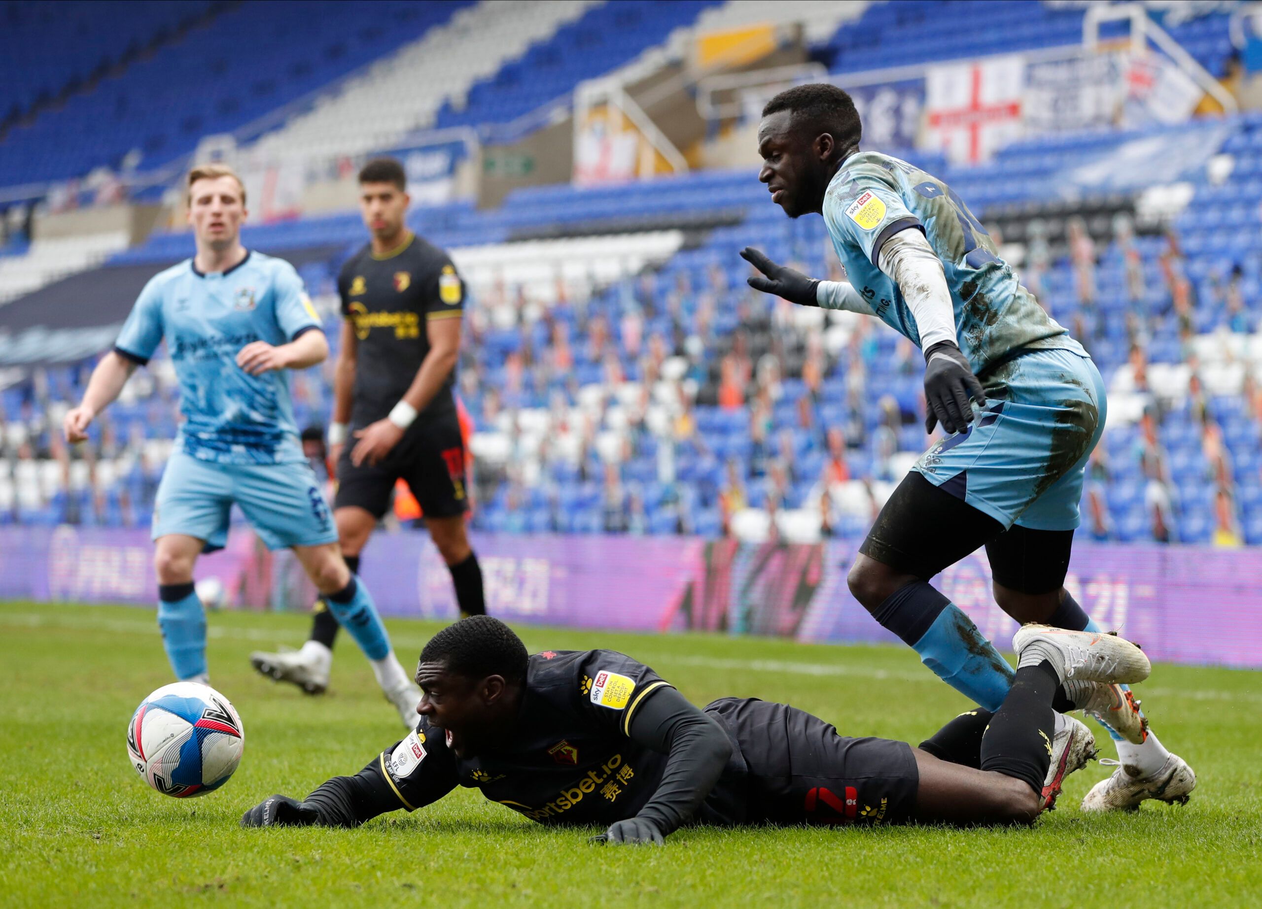 Soccer Football - Championship - Coventry City v Watford - St Andrew's, Birmingham, Britain - February 6, 2021 Watford's Ken Sema in action with Coventry City's Julien Da Costa Action Images/Paul Childs EDITORIAL USE ONLY. No use with unauthorized audio, video, data, fixture lists, club/league logos or 'live' services. Online in-match use limited to 75 images, no video emulation. No use in betting, games or single club /league/player publications.  Please contact your account representative for 
