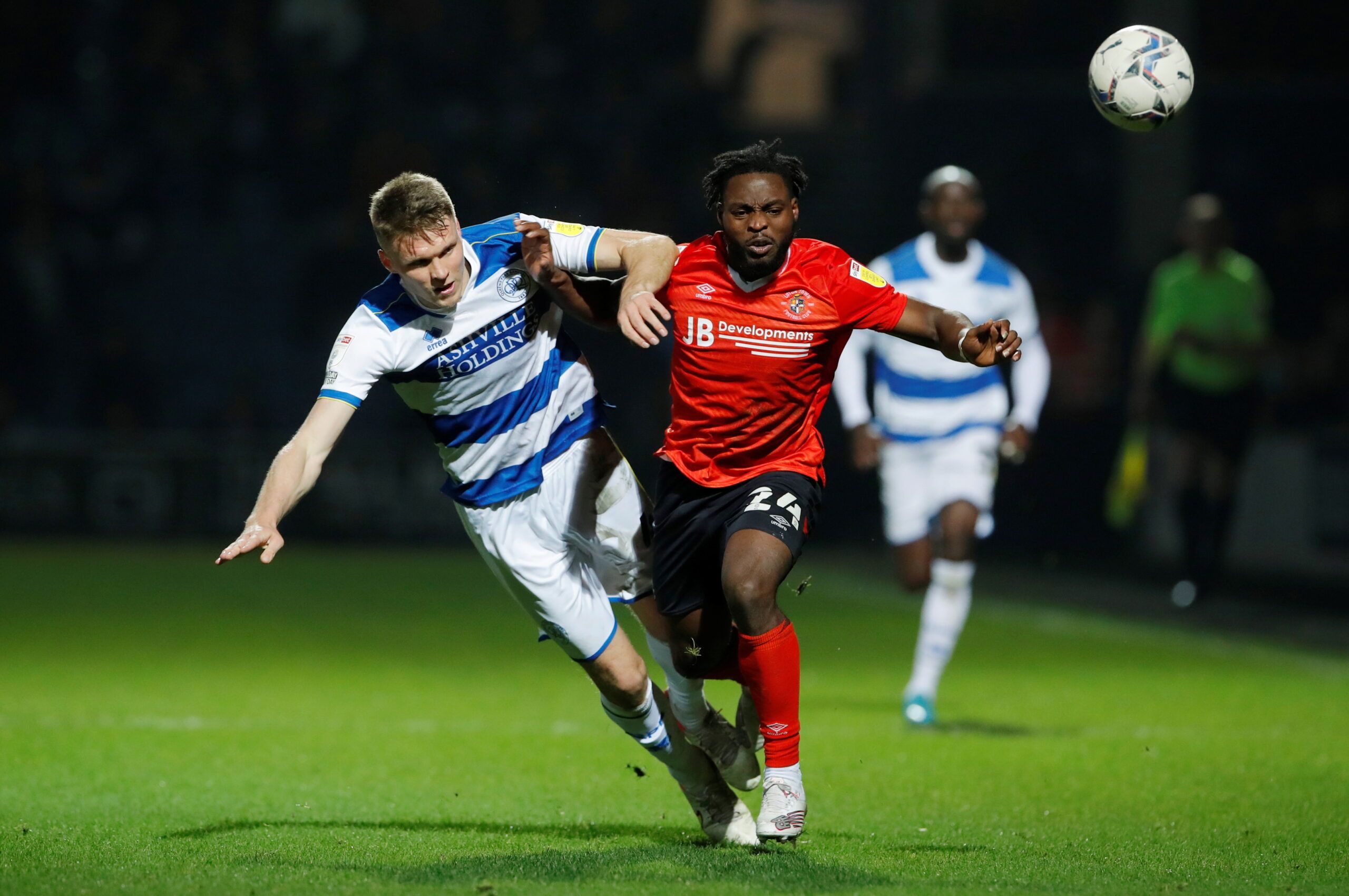 Soccer Football - Championship - Queens Park Rangers v Luton Town - Loftus Road, London, Britain - November 19, 2021 Luton Town?s Fred Onyedinma in action with Queens Park Rangers' Rob Dickie   Action Images/Andrew Couldridge
