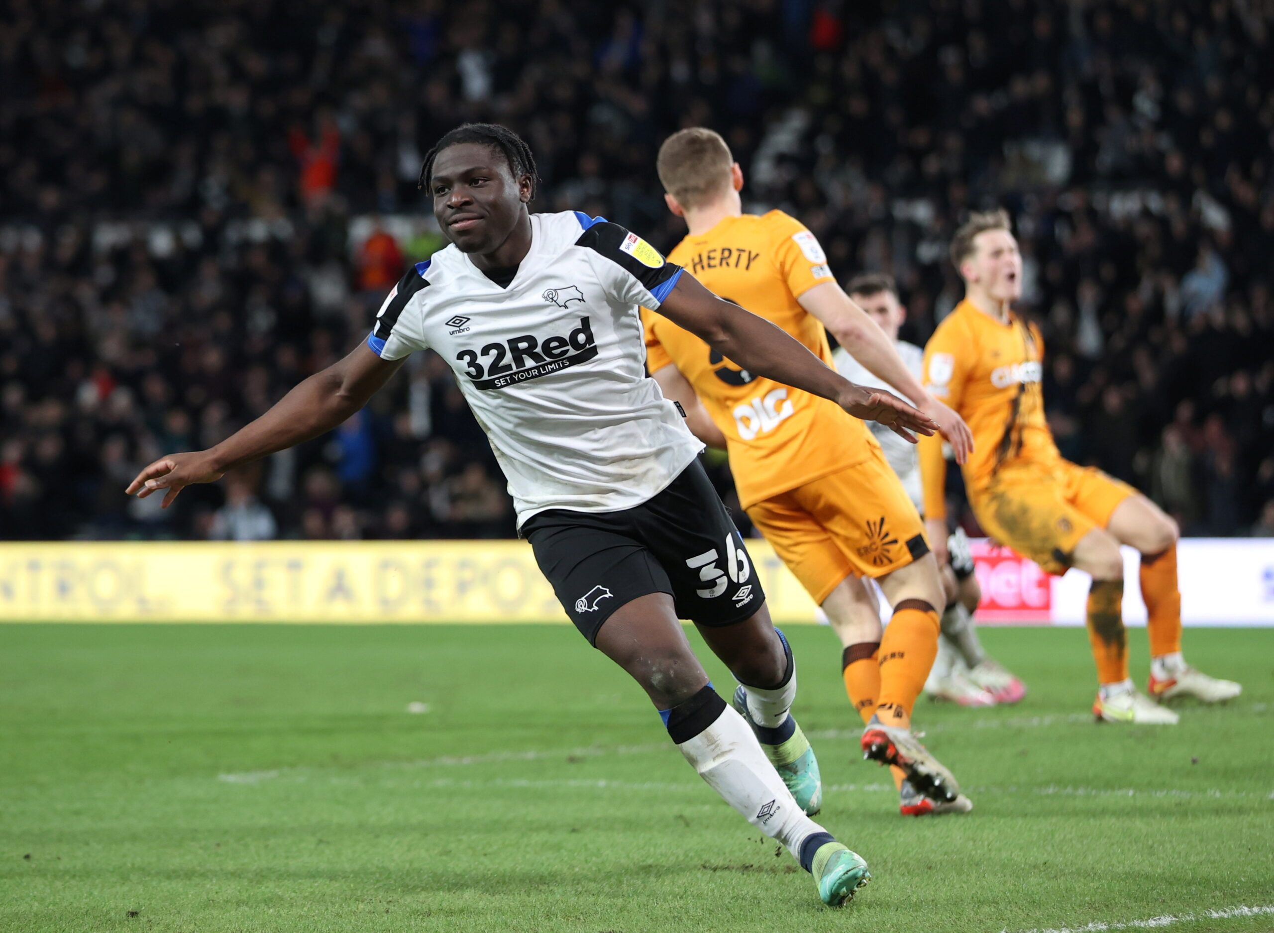 Soccer Football - Championship - Derby County v Hull City - Pride Park, Derby, Britain - February 8, 2022  Derby County's Festy Ebosele celebrates scoring their third goal  Action Images/Molly Darlington  EDITORIAL USE ONLY. No use with unauthorized audio, video, data, fixture lists, club/league logos or 