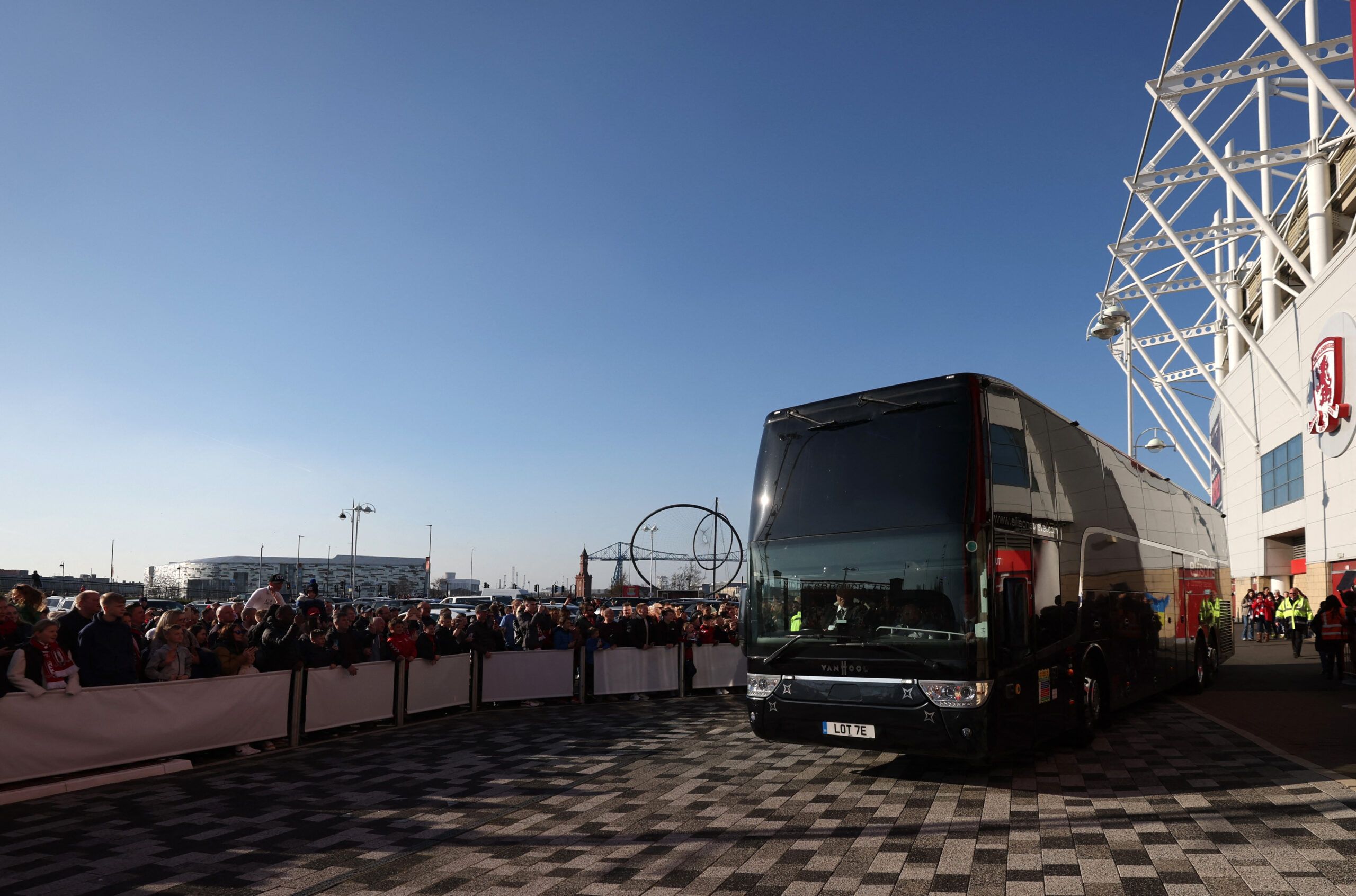 Soccer Football - FA Cup Quarter Final - Middlesbrough v Chelsea - Riverside Stadium, Middlesbrough, Britain - March 19, 2022  General view as the Chelsea team bus arrives at the stadium before the match Action Images via Reuters/Lee Smith