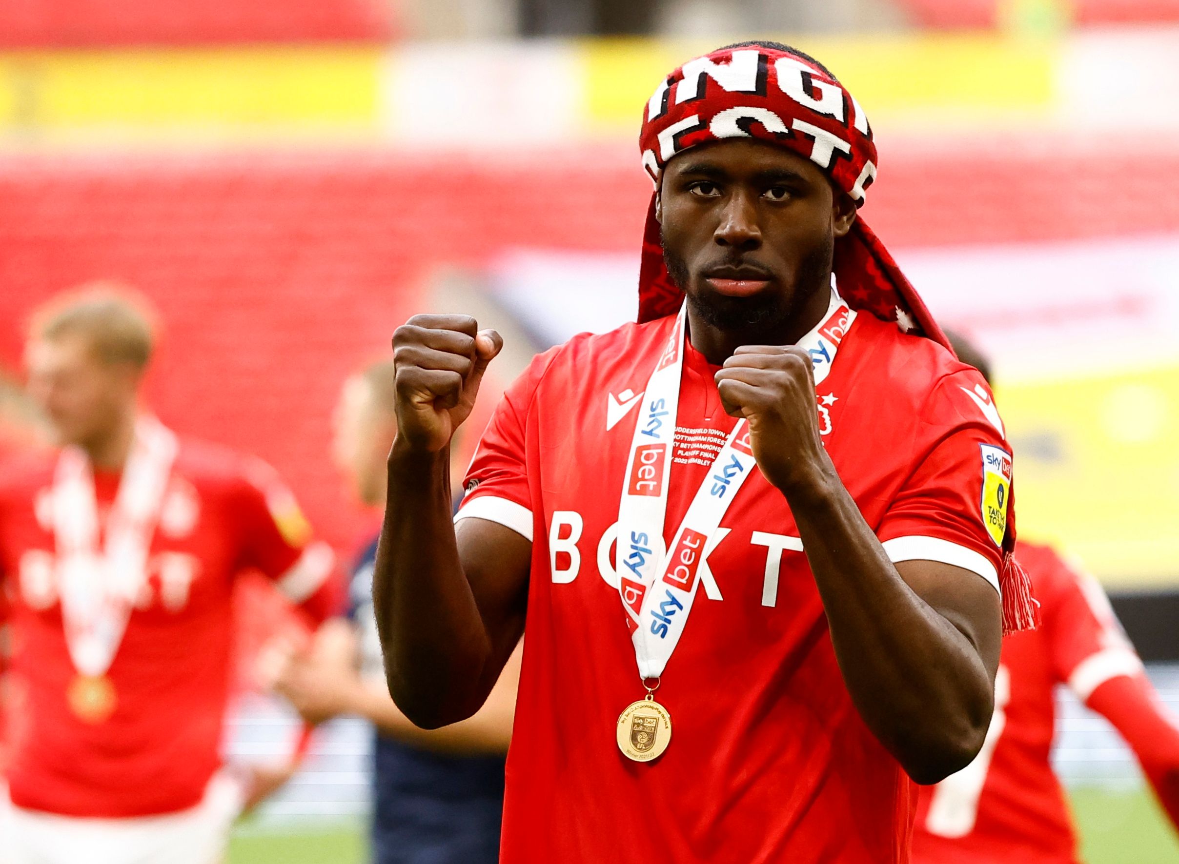 Soccer Football - Championship Play-Off Final - Huddersfield Town v Nottingham Forest - Wembley Stadium, London, Britain - May 29, 2022 Nottingham Forest's Keinan Davis celebrates after winning the Championship Play-Off Final Action Images via Reuters/Andrew Boyers