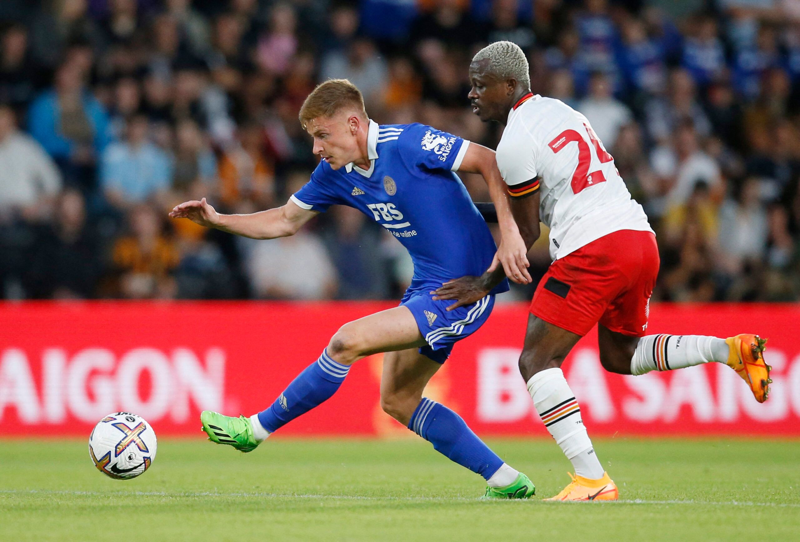 Soccer Football - Pre Season Friendly - Hull City v Leicester City - MKM Stadium, Hull, Britain - July 20, 2022 Leicester City's Harvey Barnes in action with Hull City's Jean Michael Seri Action Images via Reuters/Ed Sykes