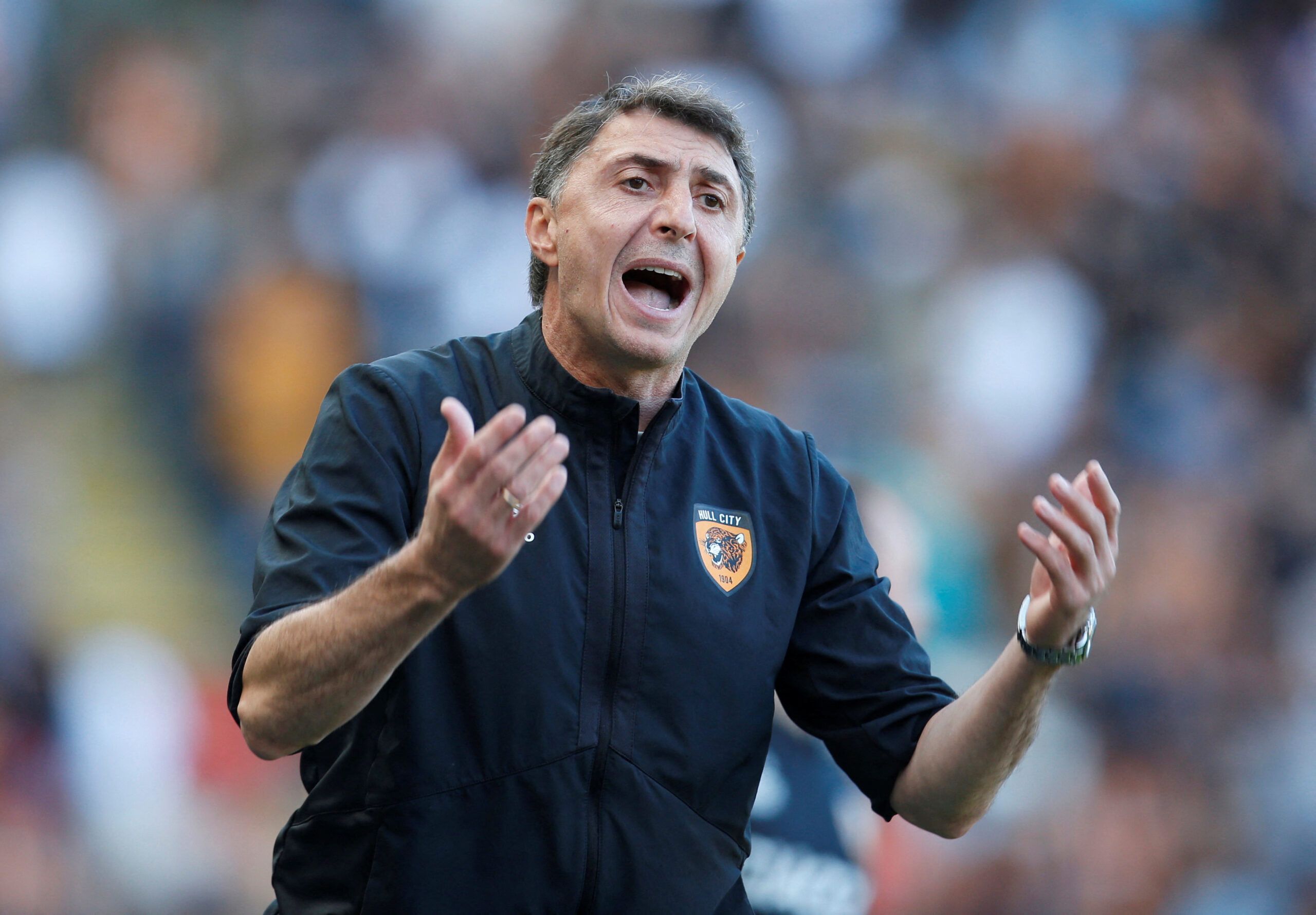 Soccer Football - Championship - Hull City v Coventry City - MKM Stadium, Hull, Britain - August 27, 2022 Hull City manager Shota Arveladze reacts Action Images/Ed Sykes EDITORIAL USE ONLY. No use with unauthorized audio, video, data, fixture lists, club/league logos or 