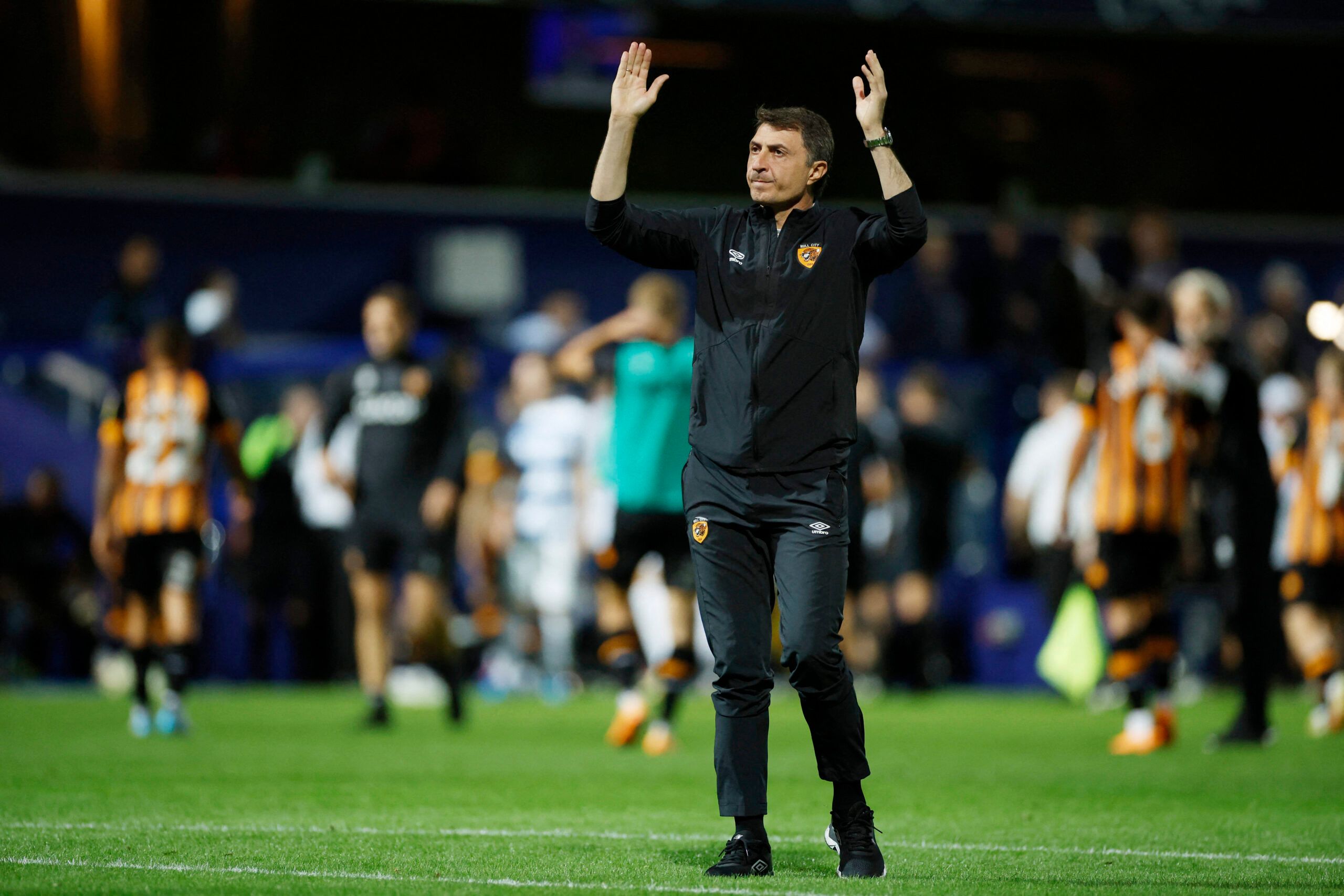 Soccer Football - Championship - Queens Park Rangers v Hull City - Loftus Road, London, Britain - August 30, 2022  Hull City manager Shota Arveladze acknowledges fans after the match Action Images/John Sibley EDITORIAL USE ONLY. No use with unauthorized audio, video, data, fixture lists, club/league logos or 'live' services. Online in-match use limited to 75 images, no video emulation. No use in betting, games or single club /league/player publications.  Please contact your account representativ