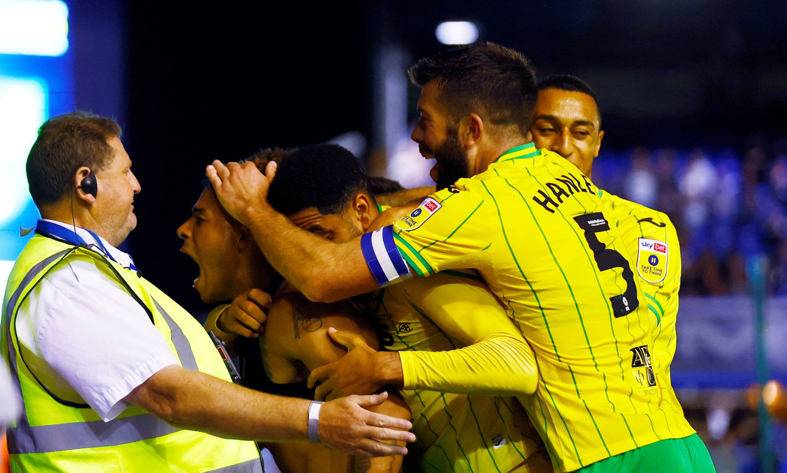 Soccer Football - Championship - Birmingham City v Norwich City - St Andrew's, Birmingham, Britain - August 30, 2022 Norwich City's Onel Hernandez celebrates scoring their second goal with Grant Hanley and teammates  Action Images/Andrew Boyers  EDITORIAL USE ONLY. No use with unauthorized audio, video, data, fixture lists, club/league logos or 