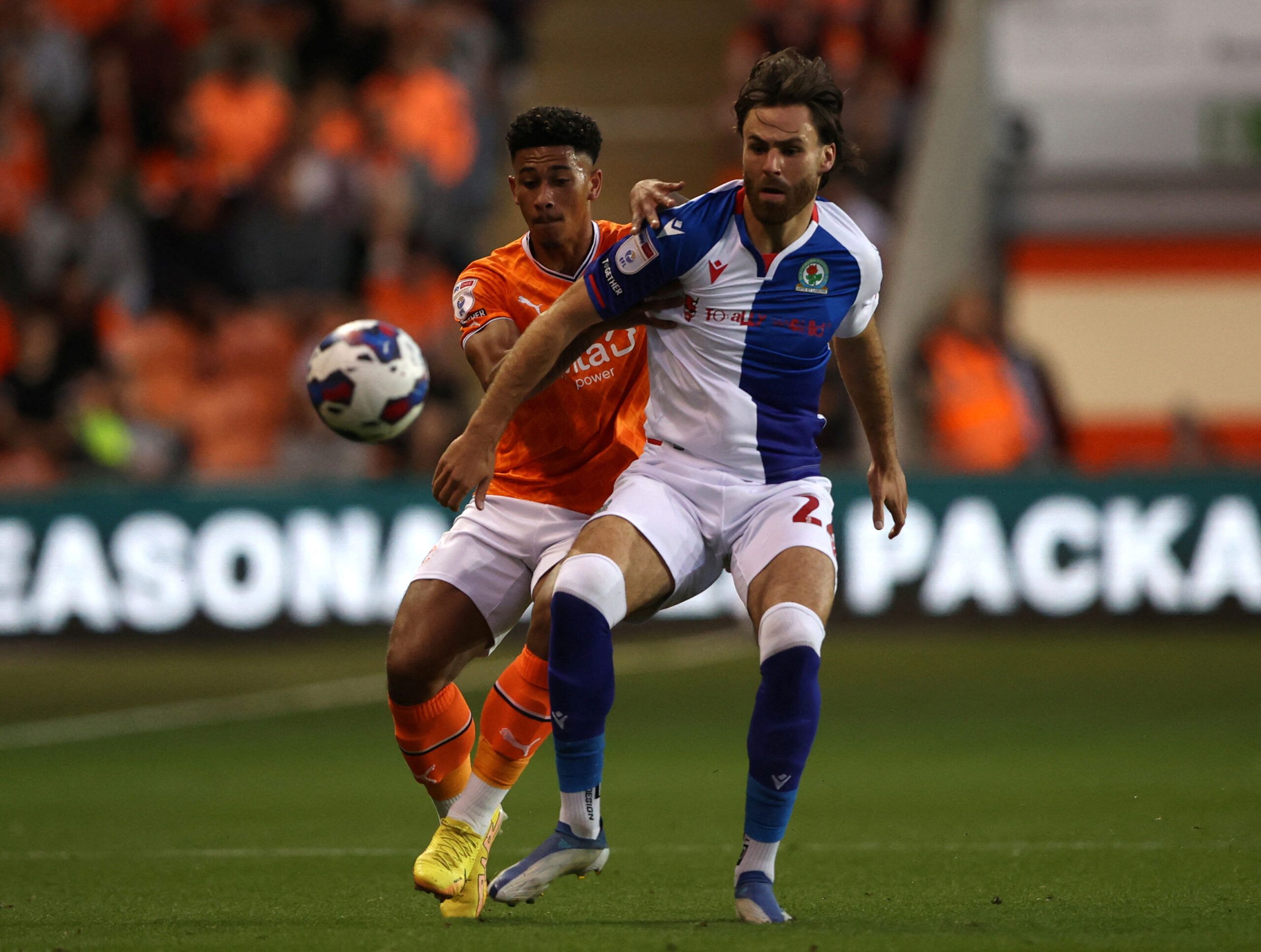 Soccer Football - Championship - Blackpool v Blackburn Rovers - Bloomfield Road, Blackpool, Britain - August 31, 2022 Blackpool's Jordan Gabriel in action with Blackburn Rovers' Ben Brereton Diaz  Action Images/Molly Darlington  EDITORIAL USE ONLY. No use with unauthorized audio, video, data, fixture lists, club/league logos or 