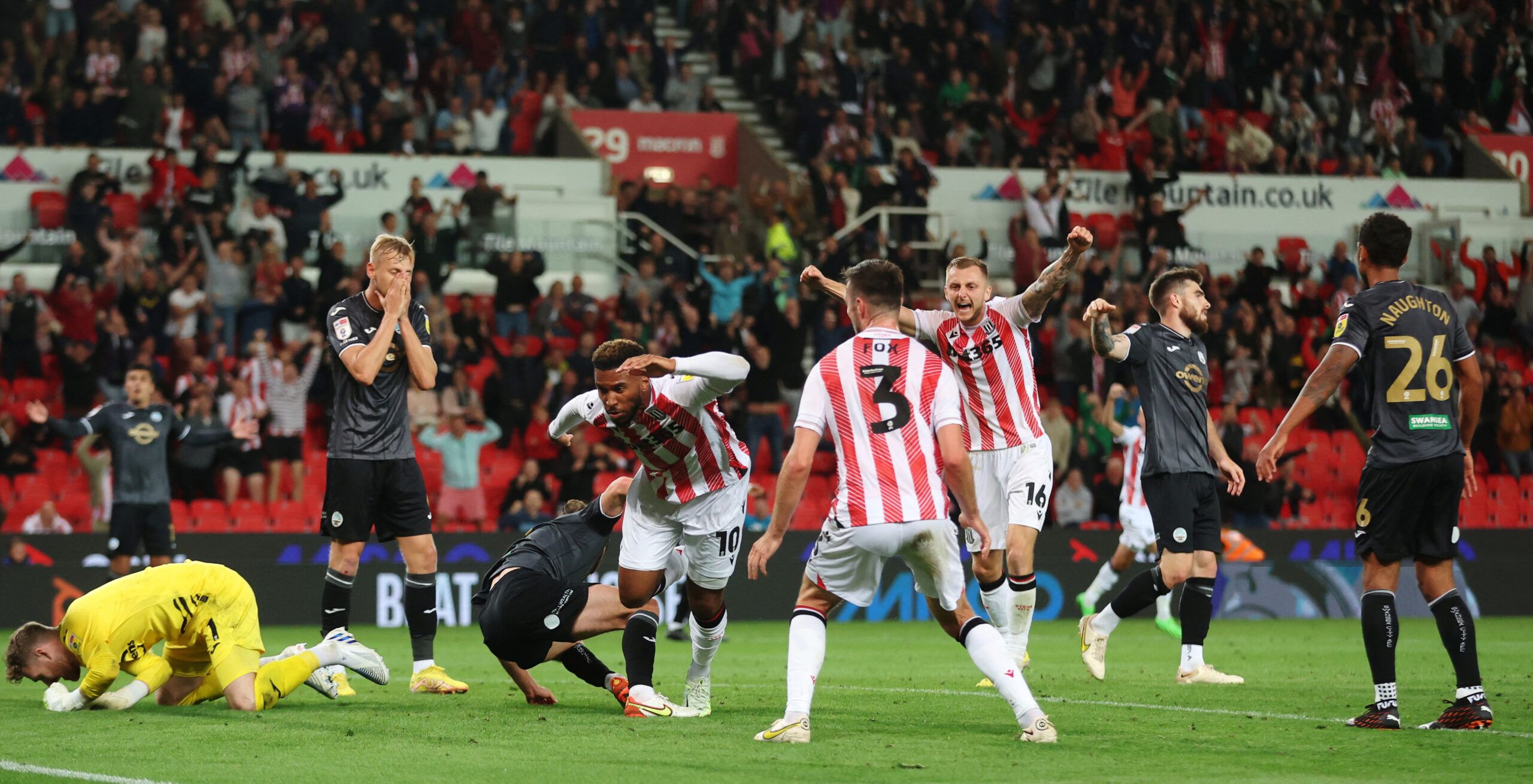 Soccer Football - Championship - Stoke City v Swansea City - bet365 Stadium, Stoke-on-Trent, Britain - August 31, 2022 Stoke City?s Tyrese Campbell celebrates scoring their first goal with Ben Wilmot and Morgan Fox  Action Images/Carl Recine  EDITORIAL USE ONLY. No use with unauthorized audio, video, data, fixture lists, club/league logos or 