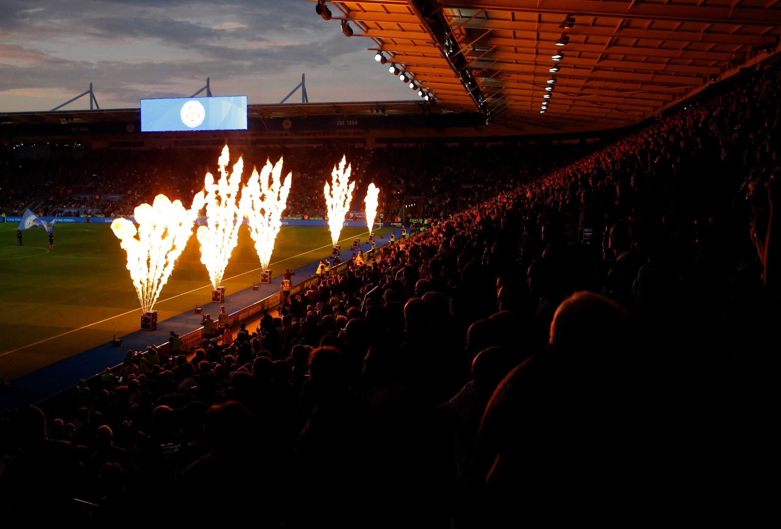 Soccer Football - Premier League - Leicester City v Manchester United - King Power Stadium, Leicester, Britain - September 1, 2022 General view of pyrotechnics before the match REUTERS/Craig Brough EDITORIAL USE ONLY. No use with unauthorized audio, video, data, fixture lists, club/league logos or 'live' services. Online in-match use limited to 75 images, no video emulation. No use in betting, games or single club /league/player publications. Please contact your account representative for furt