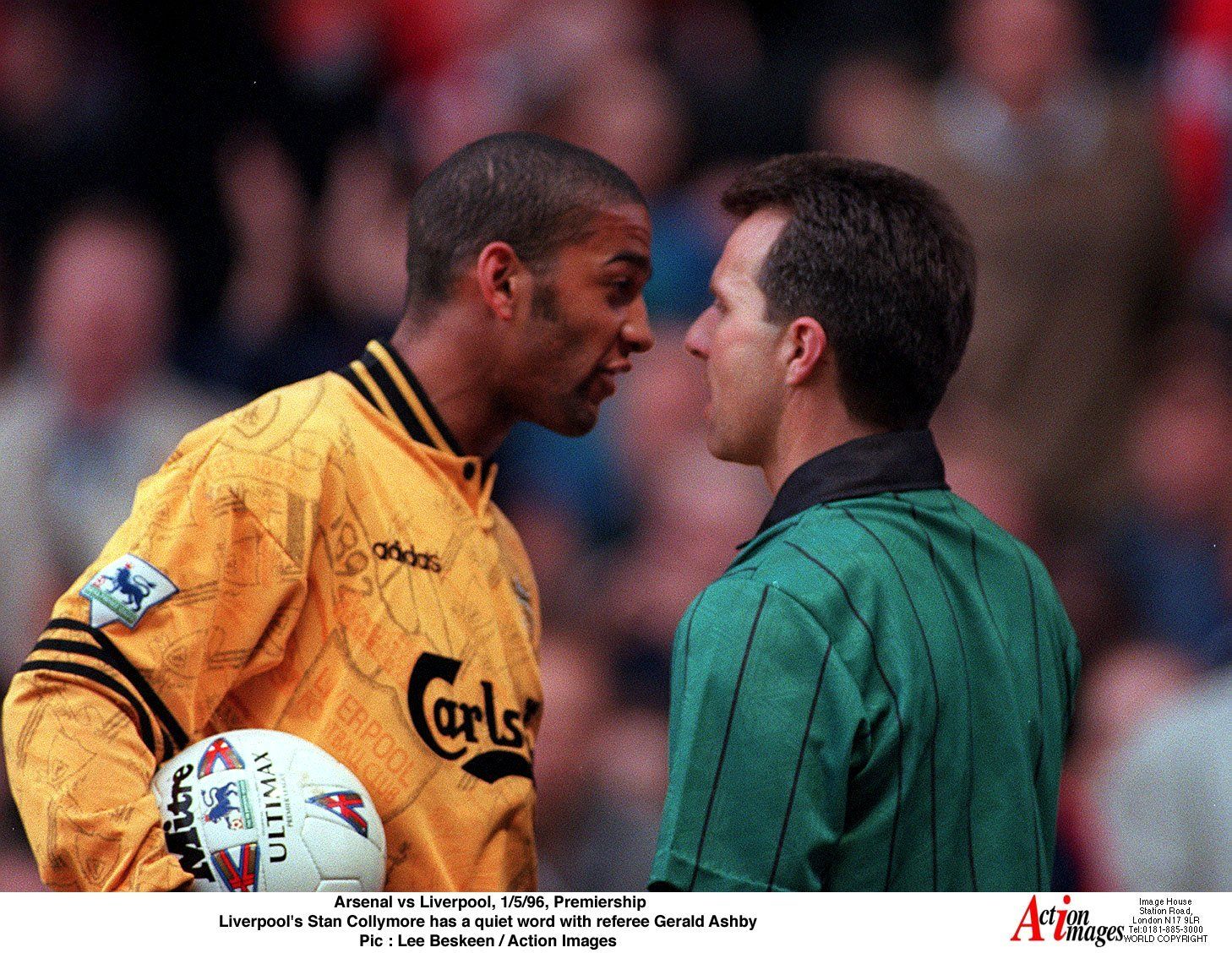 Arsenal vs Liverpool, 1/5/96, Premiership 
Liverpool's Phil Babb has a quiet word with the linesman 
Pic : Lee Beskeen / Action Images
