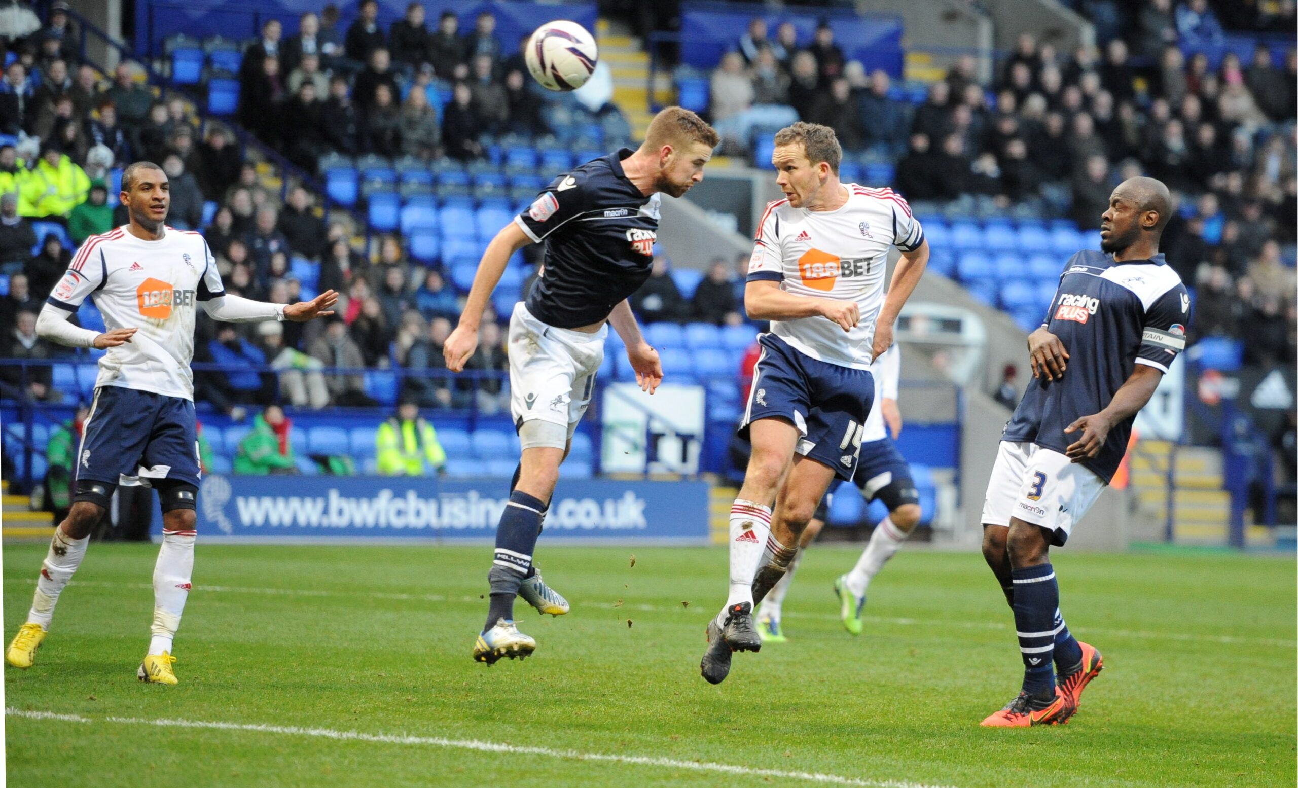 Football - Bolton Wanderers v Millwall - npower Football League Championship - The Reebok Stadium - 12/13 - 12/1/13 
Bolton's Kevin Davies in action against Milwall's Mark Beevers 
Mandatory Credit: Action Images / Paul Currie 
EDITORIAL USE ONLY. No use with unauthorized audio, video, data, fixture lists, club/league logos or live services. Online in-match use limited to 45 images, no video emulation. No use in betting, games or single club/league/player publications.  Please contact your accou