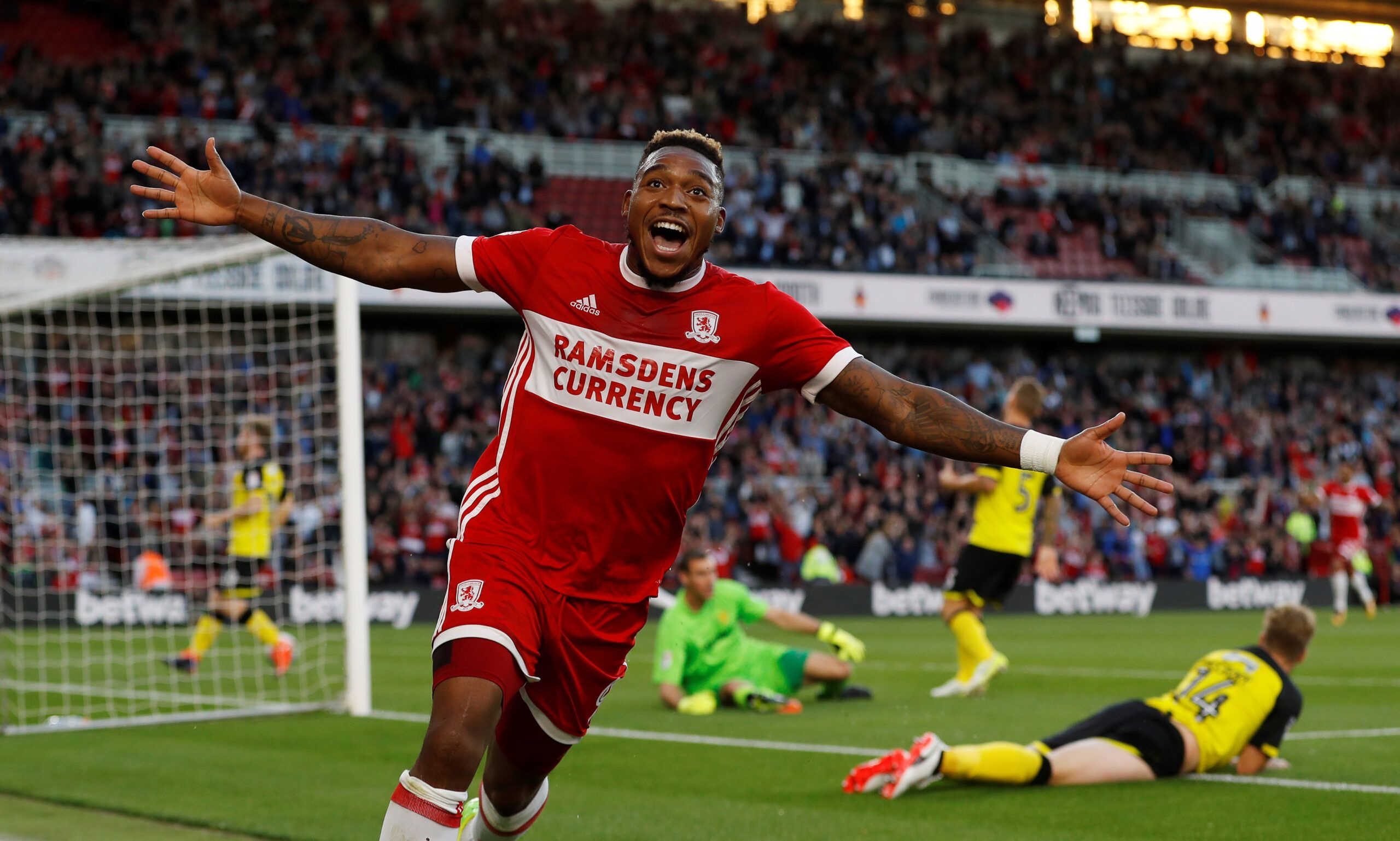Soccer Football - Championship - Middlesbrough vs Burton Albion - Middlesbrough, Britain - August 15, 2017   Middlesbrough's Britt Assombalonga celebrates scoring their first goal   Action Images/Lee Smith