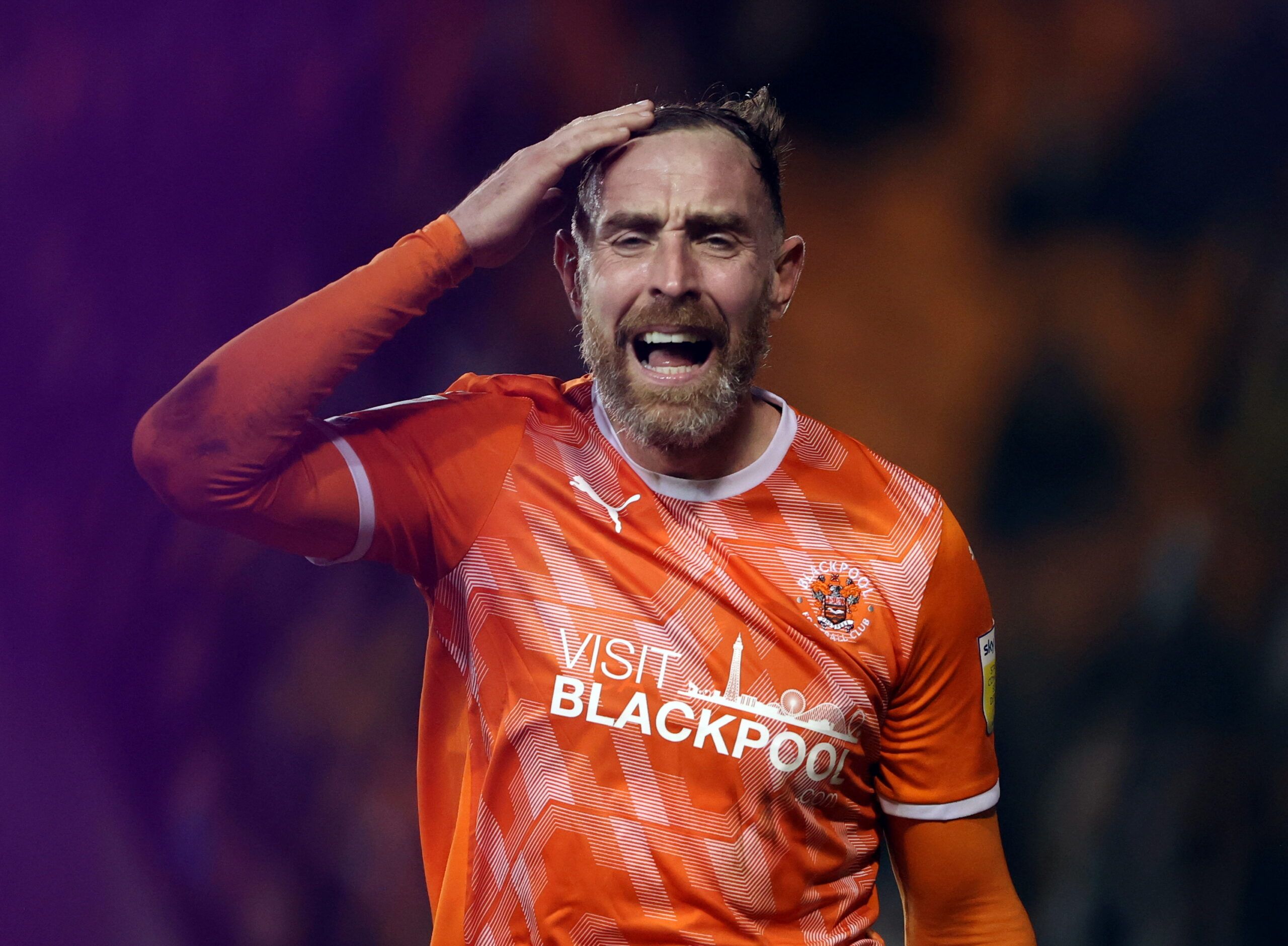 Soccer Football - Championship - Blackpool v Middlesbrough - Bloomfield Road, Blackpool, Britain - December 29, 2021 Blackpool's Richard Keogh reacts Action Images/Molly Darlington  EDITORIAL USE ONLY. No use with unauthorized audio, video, data, fixture lists, club/league logos or 
