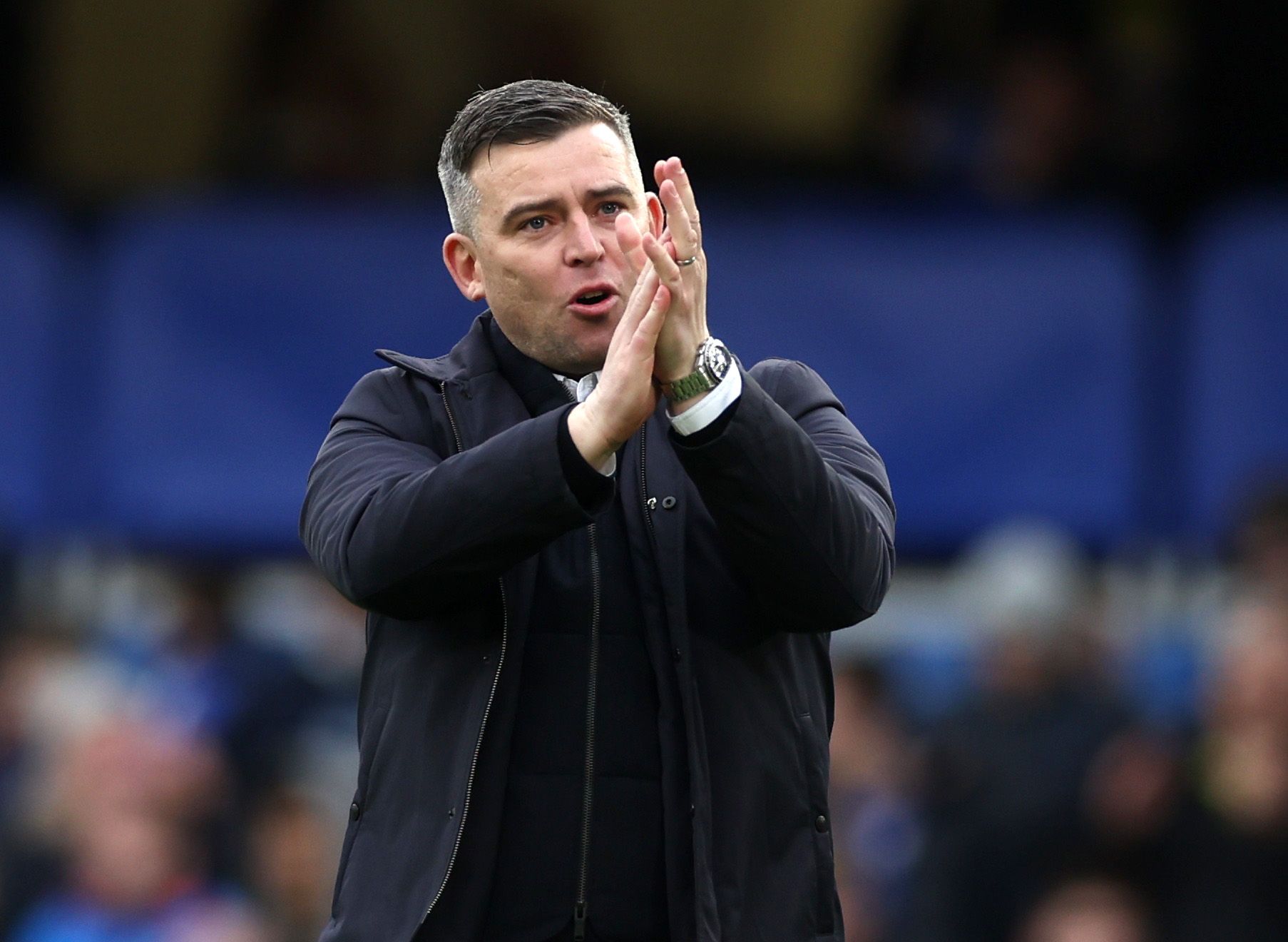 Soccer Football - FA Cup - Fourth Round - Chelsea v Plymouth Argyle - Stamford Bridge, London, Britain - February 5, 2022 Plymouth Argyle manager Steven Schumacher applauds fans after the match Action Images via Reuters/Paul Childs