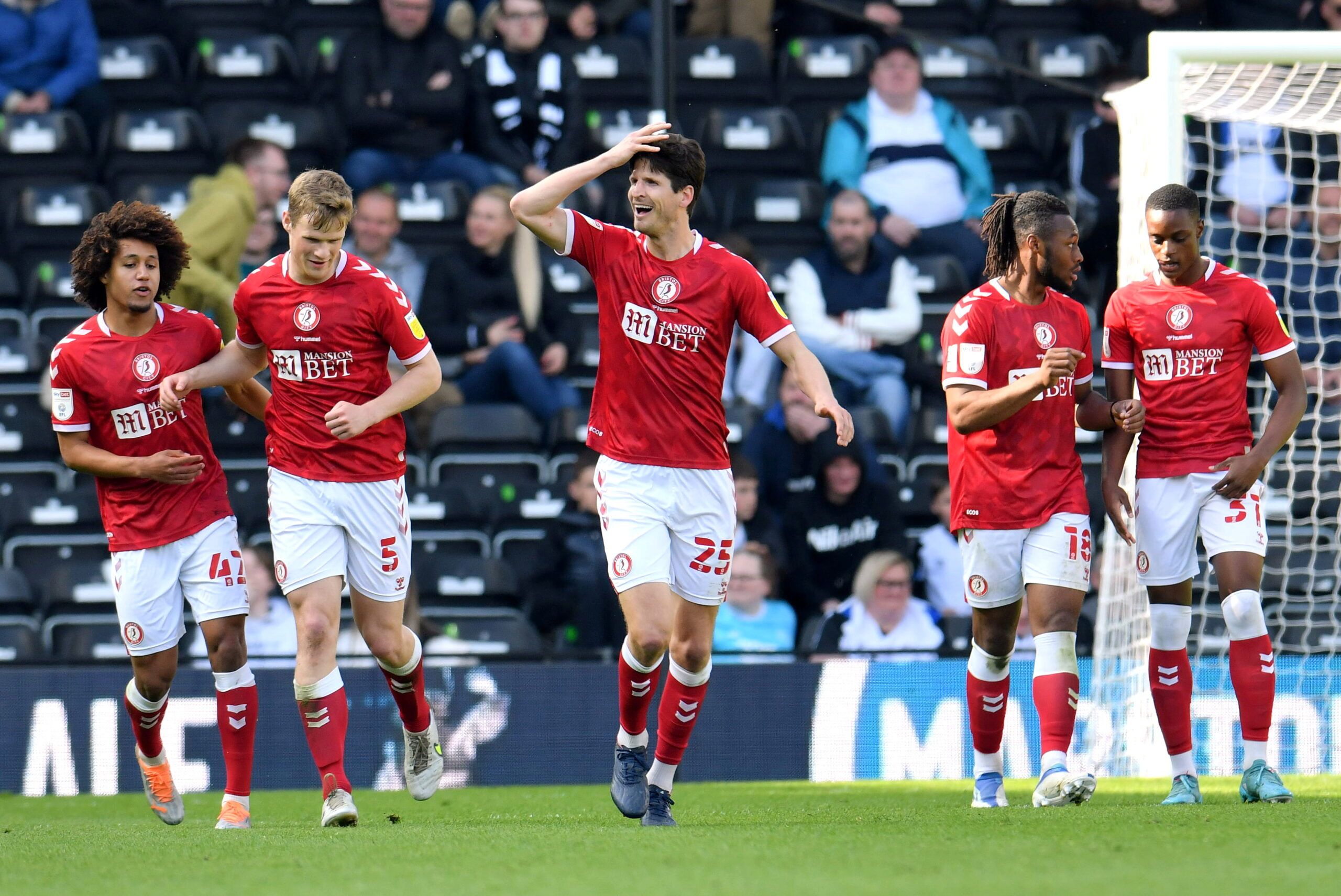 Soccer Football - Championship - Derby County v Bristol City - Pride Park, Derby, Britain - April 23, 2022 Bristol City's Timm Klose celebrates scoring their third goal  Action Images/Paul Burrows  EDITORIAL USE ONLY. No use with unauthorized audio, video, data, fixture lists, club/league logos or 