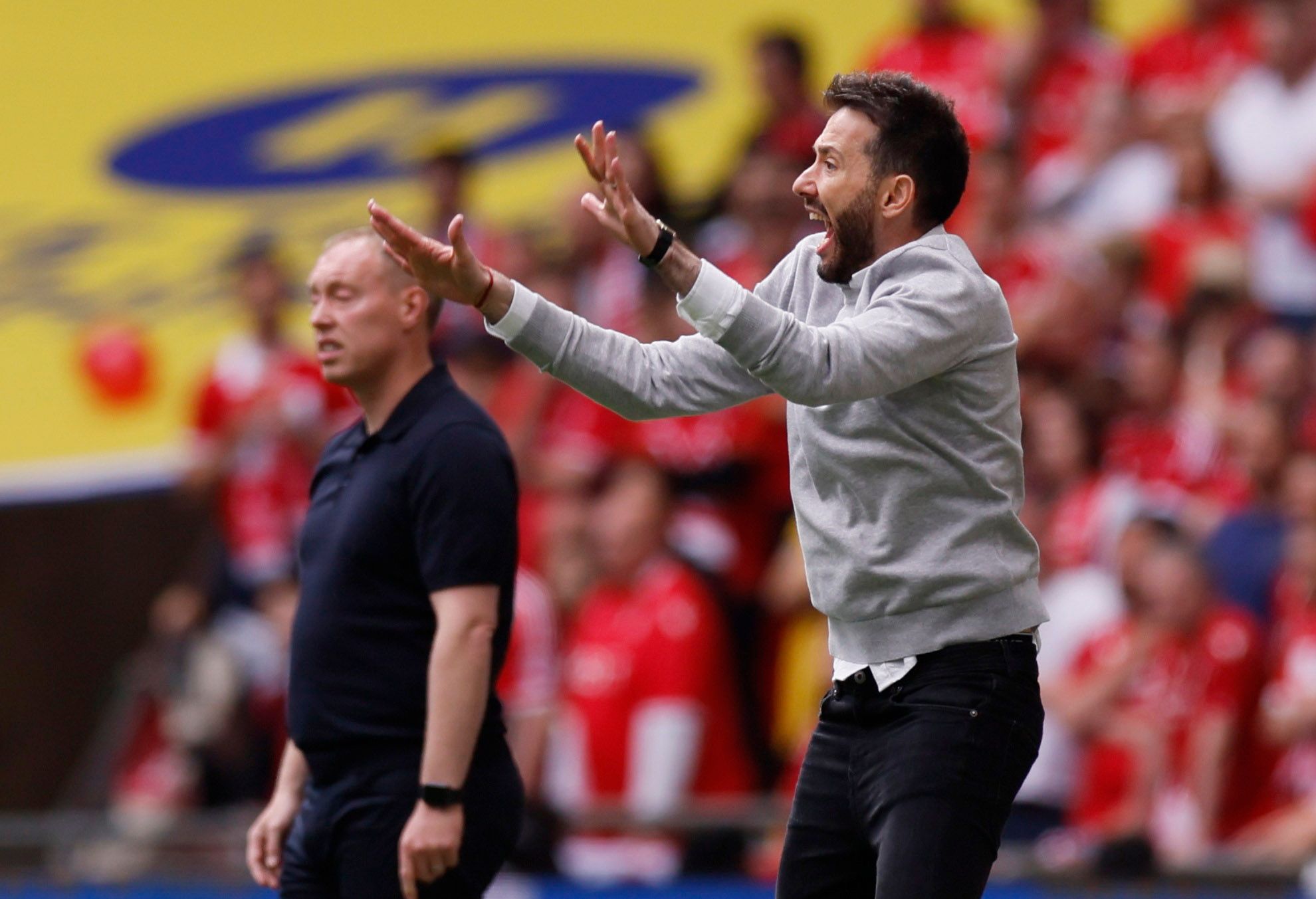 Soccer Football - Championship Play-Off Final - Huddersfield Town v Nottingham Forest - Wembley Stadium, London, Britain - May 29, 2022 Nottingham Forest manager Steve Cooper and Huddersfield Town manager Carlos Corberan Action Images via Reuters/Andrew Couldridge