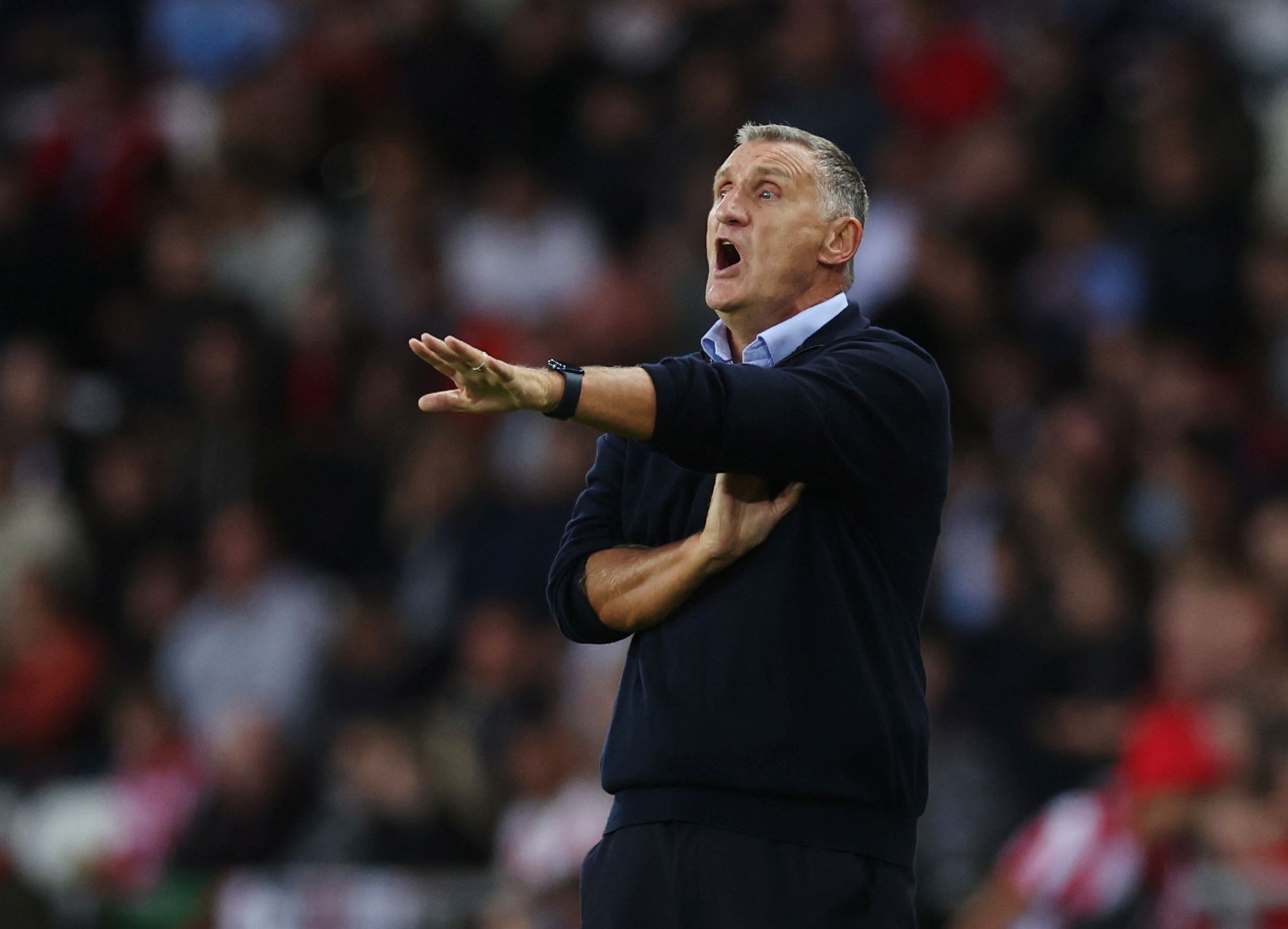 Soccer Football - Championship - Sunderland v Rotherham United - Stadium of Light, Sunderland, Britain - August 31, 2022  Sunderland manager Tony Mowbray reacts  Action Images/Lee Smith  EDITORIAL USE ONLY. No use with unauthorized audio, video, data, fixture lists, club/league logos or 