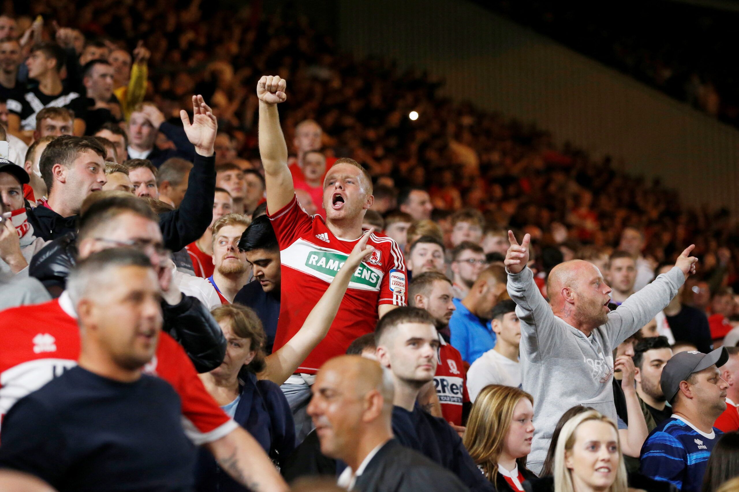 Soccer Football - Championship - Middlesbrough v Sunderland - Riverside Stadium, Middlesbrough, Britain - September 5, 2022  Middlesbrough fans celebrate after the match  Action Images/Ed Sykes  EDITORIAL USE ONLY. No use with unauthorized audio, video, data, fixture lists, club/league logos or 