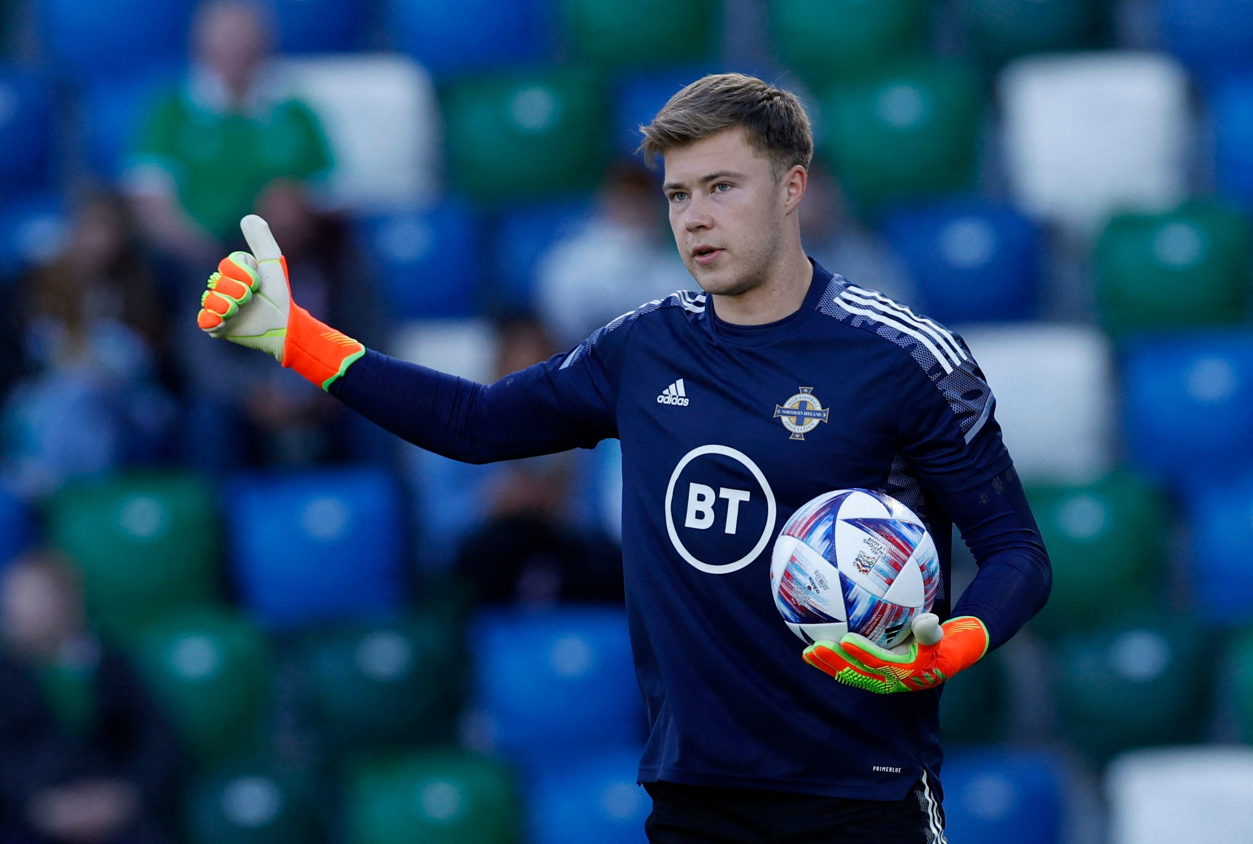 Soccer Football - UEFA Nations League - Group J - Northern Ireland v Kosovo - Windsor Park, Belfast, Northern Ireland, Britain - September 24, 2022 Northern Ireland's Bailey Peacock-Farrell during the warm up before the match REUTERS/Jason Cairnduff