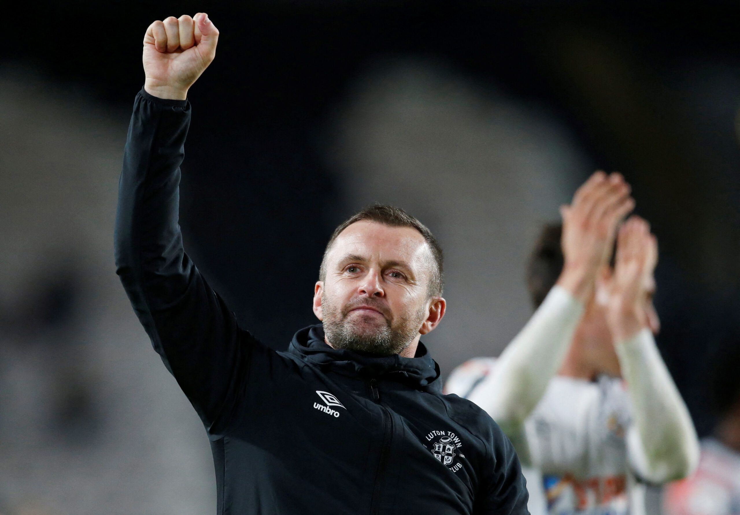 Soccer Football - Championship - Hull City v Luton Town - MKM Stadium, Hull, Britain - September 30, 2022 Luton Town manager Nathan Jones applauds the fans after the match  Action Images/Ed Sykes  EDITORIAL USE ONLY. No use with unauthorized audio, video, data, fixture lists, club/league logos or 