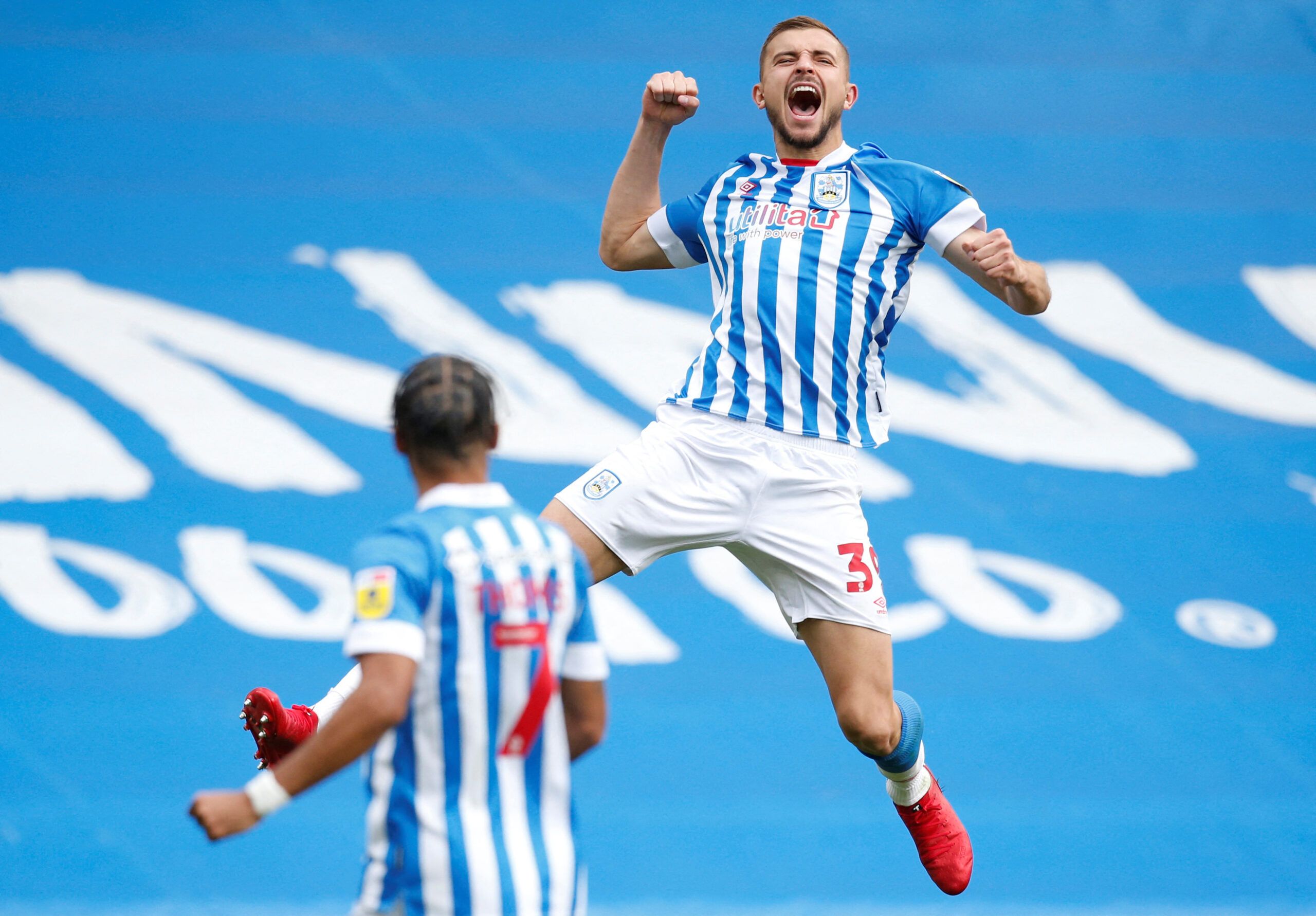 Soccer Football - Championship - Huddersfield Town v Hull City - John Smith's Stadium, Huddersfield, Britain - October 9, 2022 Huddersfield Town's Michal Helik celebrates scoring their second goal  Action Images/Ed Sykes  EDITORIAL USE ONLY. No use with unauthorized audio, video, data, fixture lists, club/league logos or 