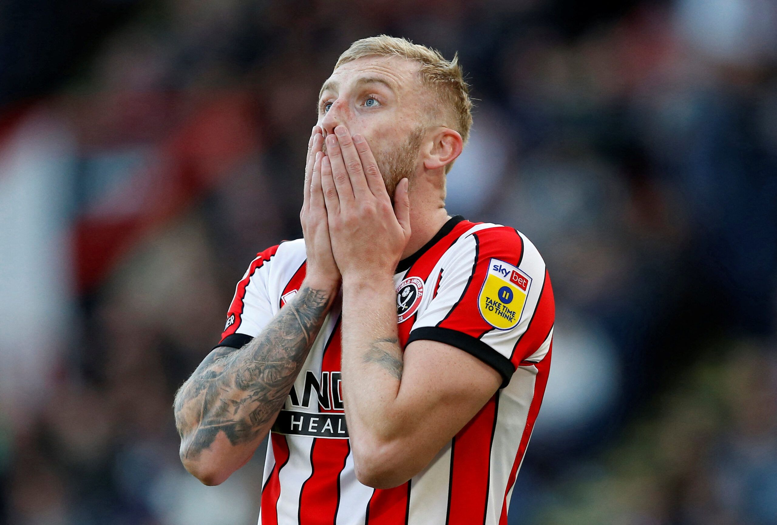 Soccer Football - Championship - Sheffield United v Blackpool - Bramall Lane, Sheffield, Britain - October 15, 2022 Sheffield United's Oli McBurnie reacts Action Images/Craig Brough  EDITORIAL USE ONLY. No use with unauthorized audio, video, data, fixture lists, club/league logos or 