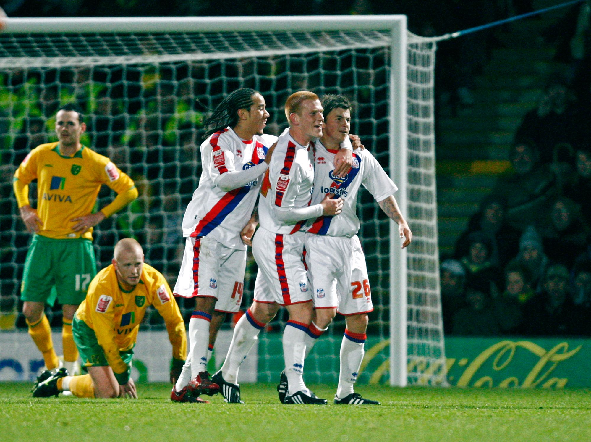 Football - Norwich City v Crystal Palace - Coca-Cola Football League Championship - Carrow Road - 08/09 - 25/11/08 
John Oster - Crystal Palace celebrates with team mates Sean Scanell and Ben Watson after scoring his teams second goal 
Mandatory Credit: Action Images / Paul Harding