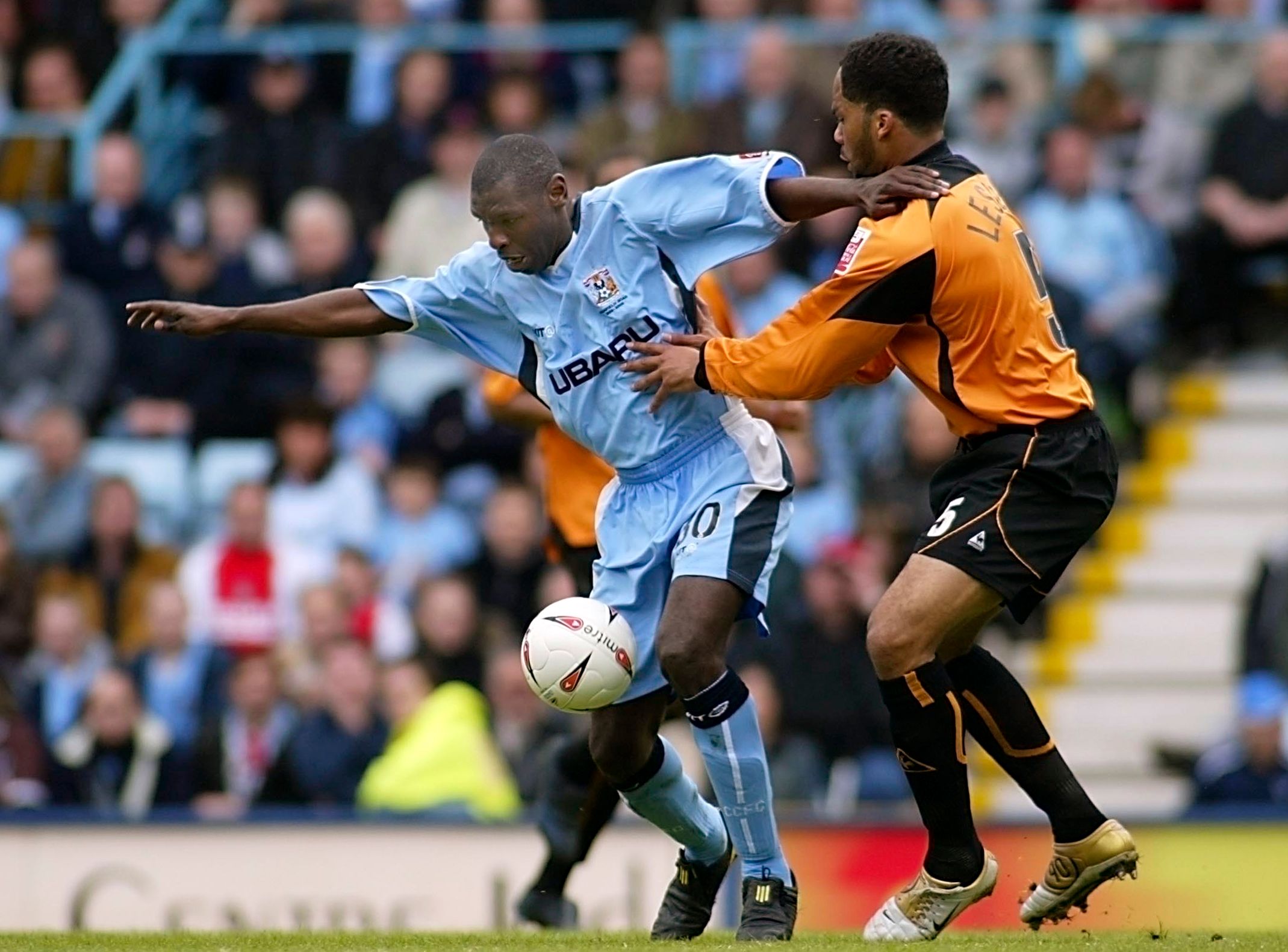 Football - Coventry City v Wolverhampton Wanderers Coca-Cola Football League Championship  - Highfield Road - 16/4/05 
Coventry's Shaun Goater holds Wolves' Joleon Lescott 
Mandatory Credit: Action Images / Ian Smith
