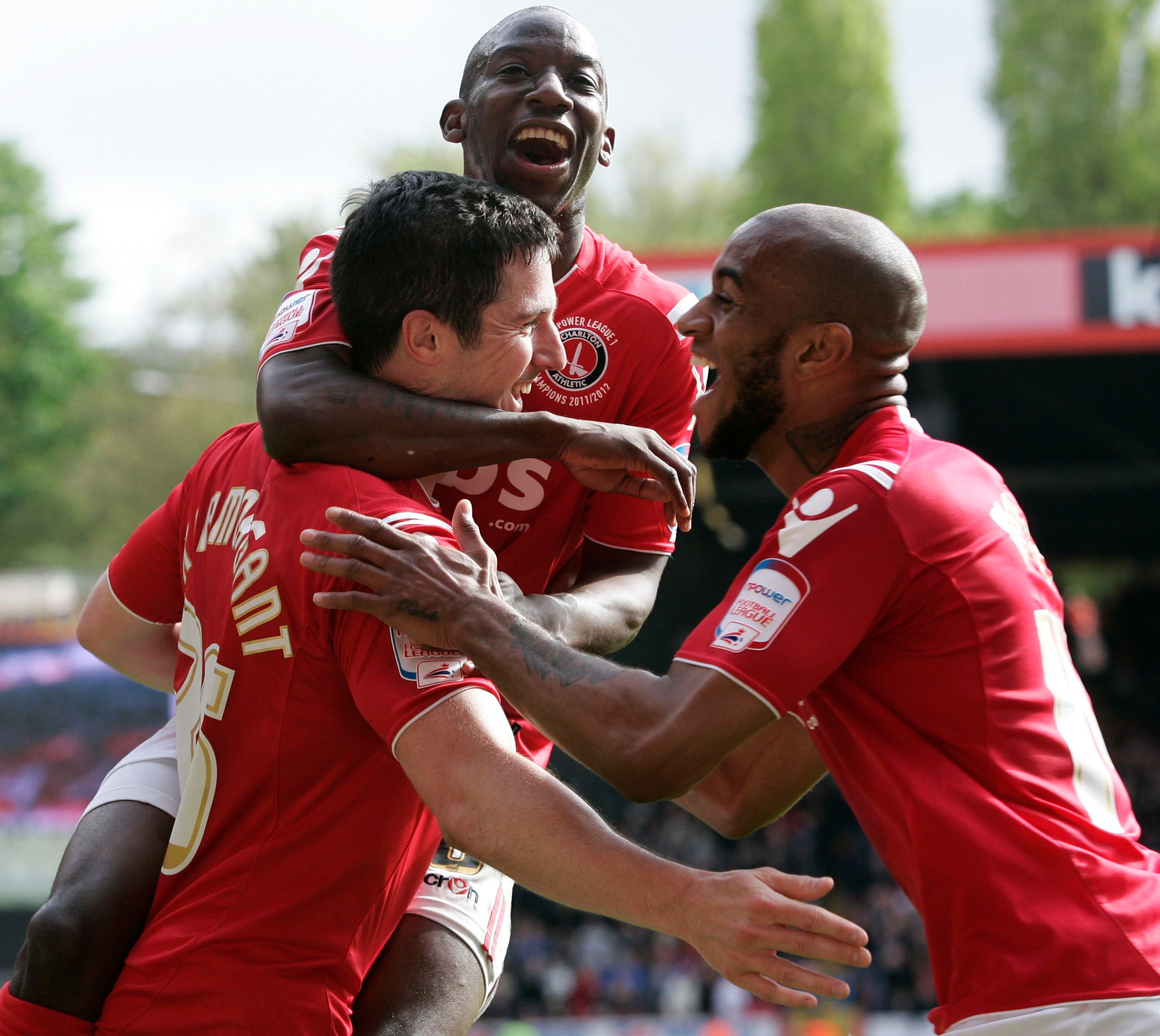 Football - Charlton Athletic v Hartlepool United npower Football League One  - The Valley - 5/5/12 
Yann Kermorgant celebrates scoring their first goal with Bradley Wright Phillips and Danny Haynes (R) 
Mandatory Credit: Action Images / Frances Leader 
Livepic 
EDITORIAL USE ONLY. No use with unauthorized audio, video, data, fixture lists, club/league logos or live services. Online in-match use limited to 45 images, no video emulation. No use in betting, games or single club/league/player public