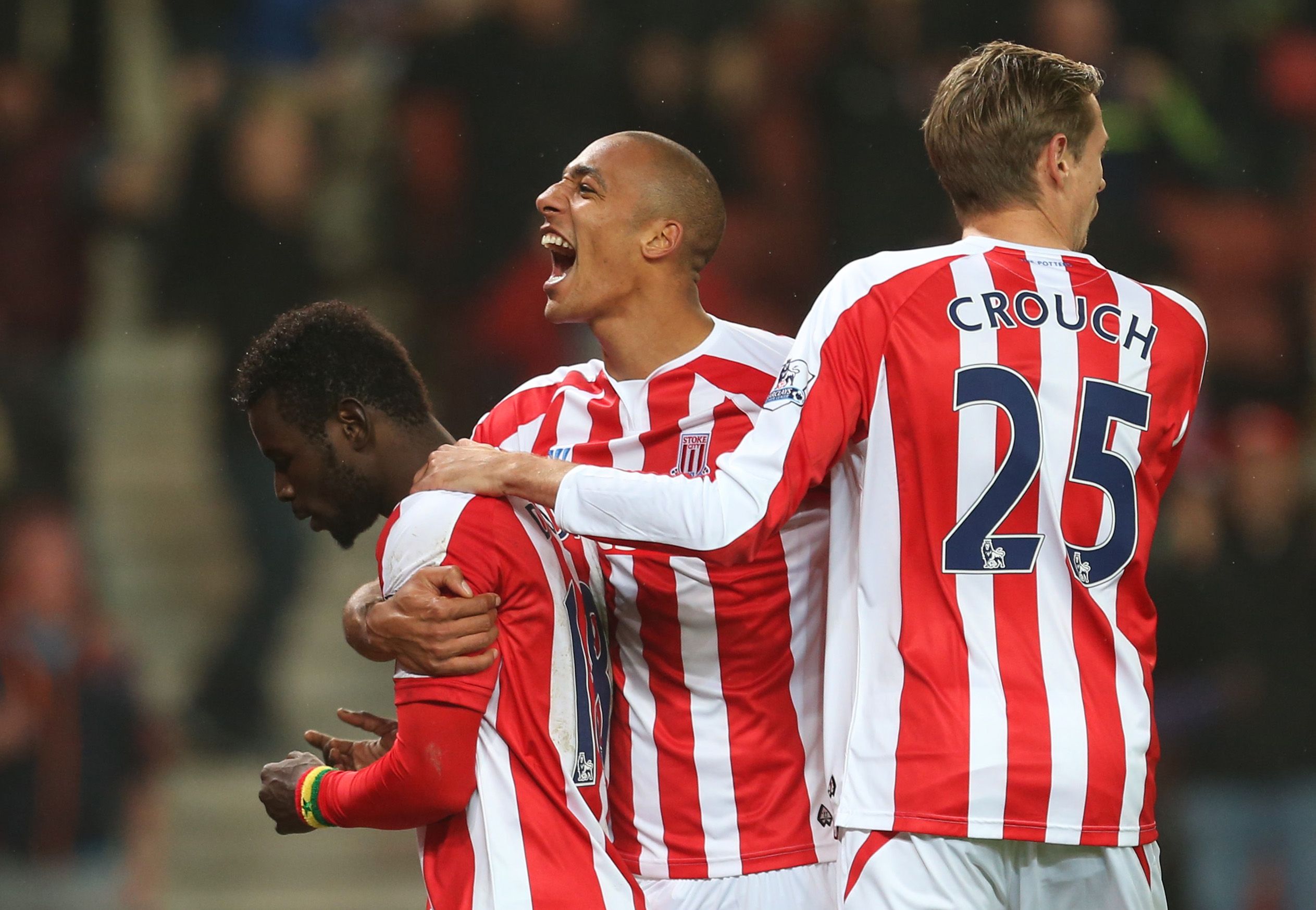 Football - Stoke City v Southampton - Capital One Cup Fourth Round - Britannia Stadium - 14/15 - 29/10/14 
Stoke City's Mame Biram Diouf (L) celebrates with Steven Nzonzi (C) and Peter Crouch after scoring the second goal 
Mandatory Credit: Action Images / Steven Paston 
EDITORIAL USE ONLY. No use with unauthorized audio, video, data, fixture lists, club/league logos or 