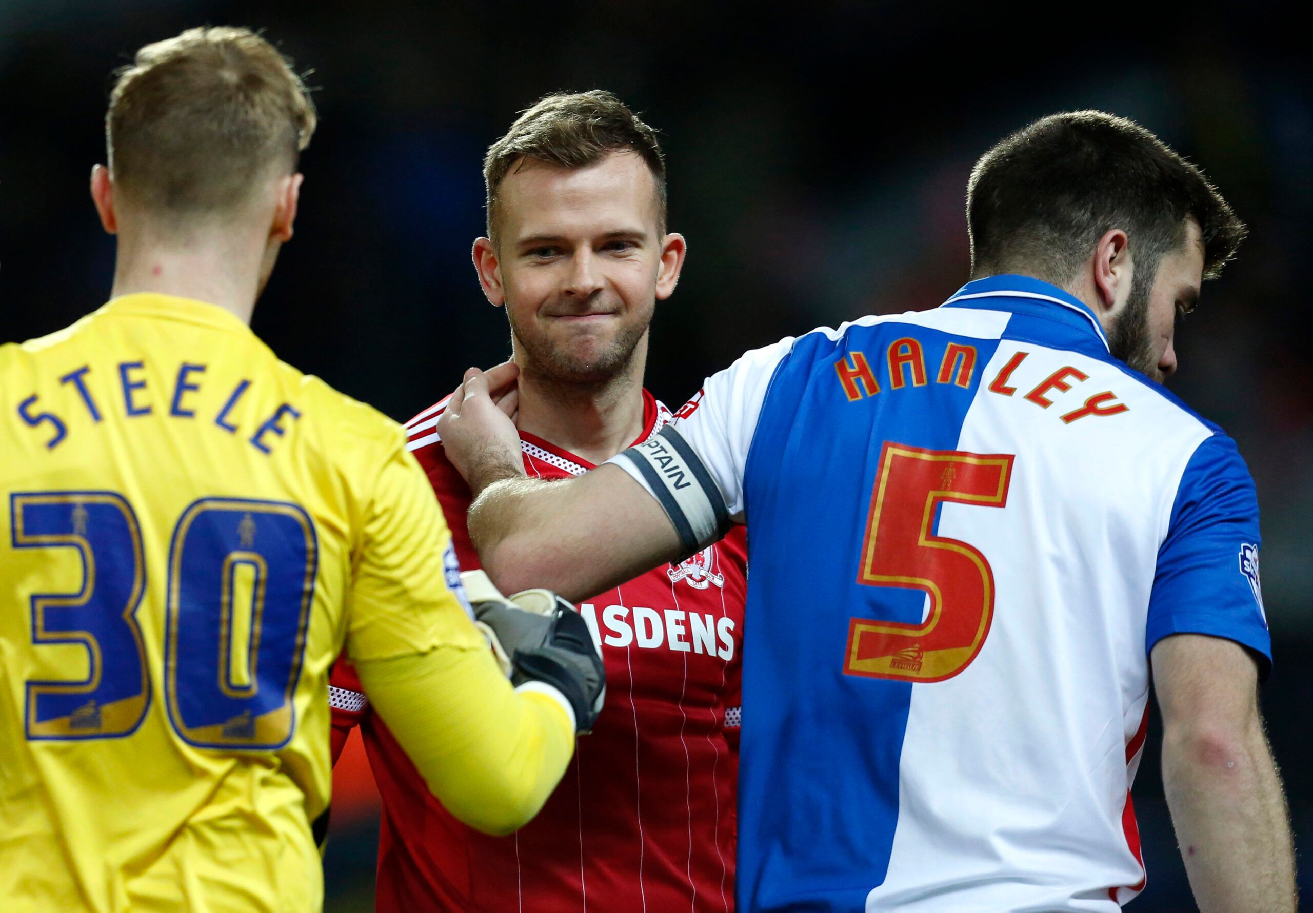 Football Soccer - Blackburn Rovers v Middlesbrough - Sky Bet Football League Championship - Ewood Park - 1/3/16 
Jordan Rhodes of Middlesbrough with Jason Steele and Grant Hanley of Blackburn Rovers before the game 
Mandatory Credit: Action Images / Ed Sykes 
Livepic 
EDITORIAL USE ONLY. No use with unauthorized audio, video, data, fixture lists, club/league logos or 