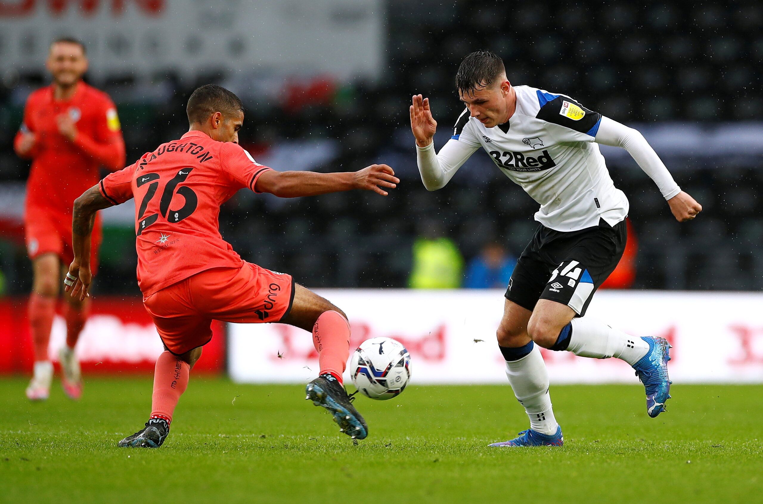 Soccer Football - Championship - Derby County v Swansea City - Pride Park, Derby, Britain - October 2, 2021  Swansea City's Kyle Naughton in action with Derby County's Jack Stretton  Action Images/Jason Cairnduff  EDITORIAL USE ONLY. No use with unauthorized audio, video, data, fixture lists, club/league logos or 