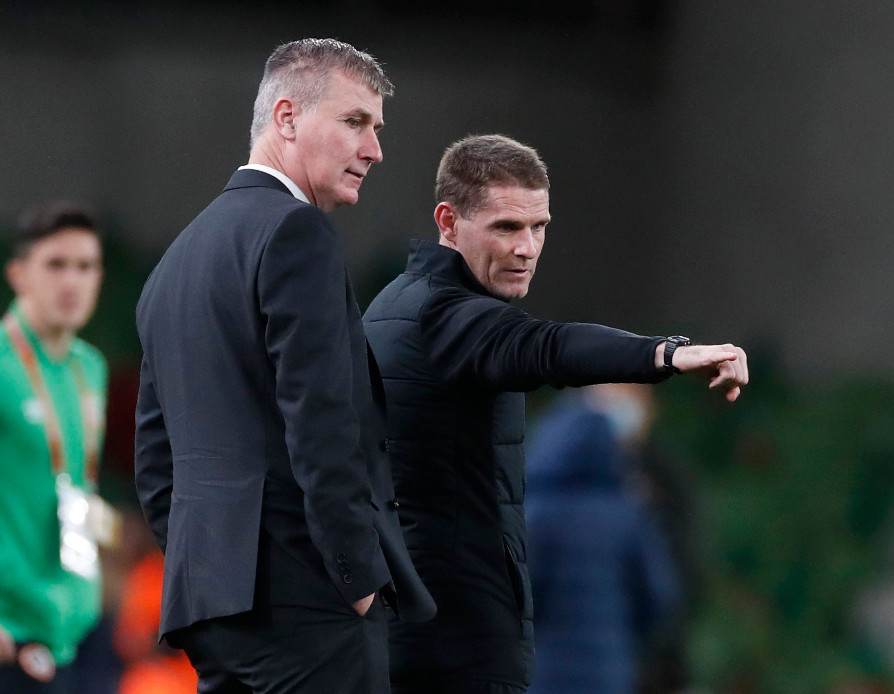 Soccer Football - World Cup - UEFA Qualifiers - Group A - Republic of Ireland v Portugal - Aviva Stadium, Dublin, Republic of Ireland - November 11, 2021  Republic of Ireland manager Stephen Kenny with assistant manager Anthony Barry before the match Action Images via Reuters/Paul Childs