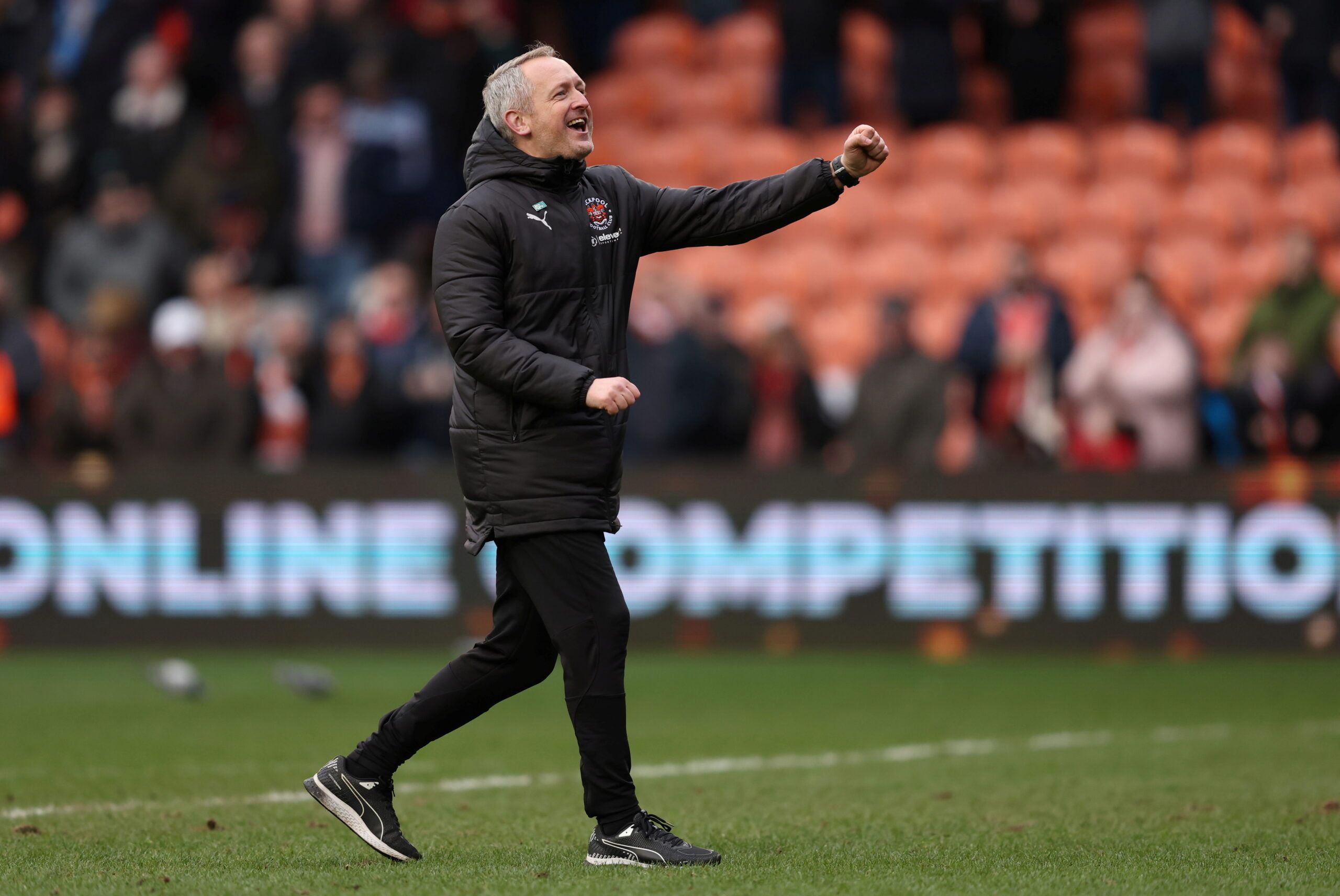 Soccer Football - Championship - Blackpool v Swansea City - Bloomfield Road, Blackpool , Britain - March 12, 2022  Blackpool manager Neil Critchley celebrates after the match   Action Images/John Clifton  EDITORIAL USE ONLY. No use with unauthorized audio, video, data, fixture lists, club/league logos or 
