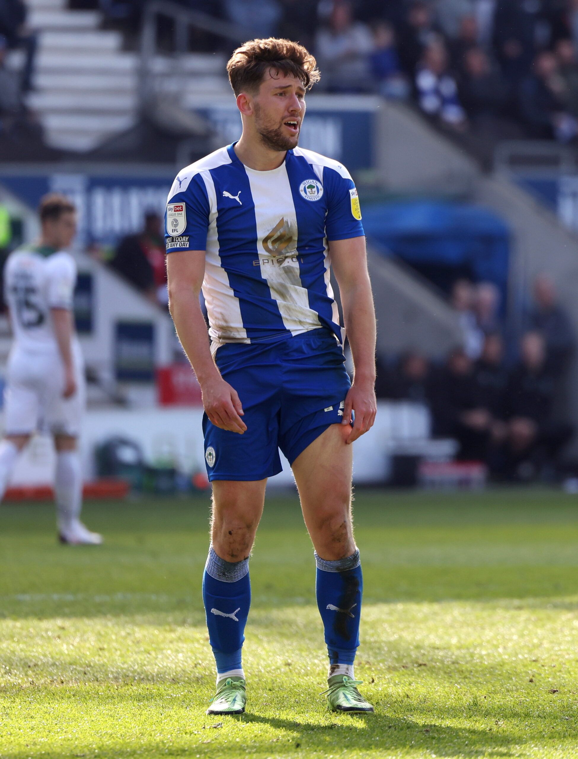 Soccer Football - League One - Wigan Athletic v Plymouth Argyle - DW Stadium, Wigan, Britain - April 23, 2022 Wigan Athletic's Callum Lang reacts    Action Images/John Clifton  EDITORIAL USE ONLY. No use with unauthorized audio, video, data, fixture lists, club/league logos or 