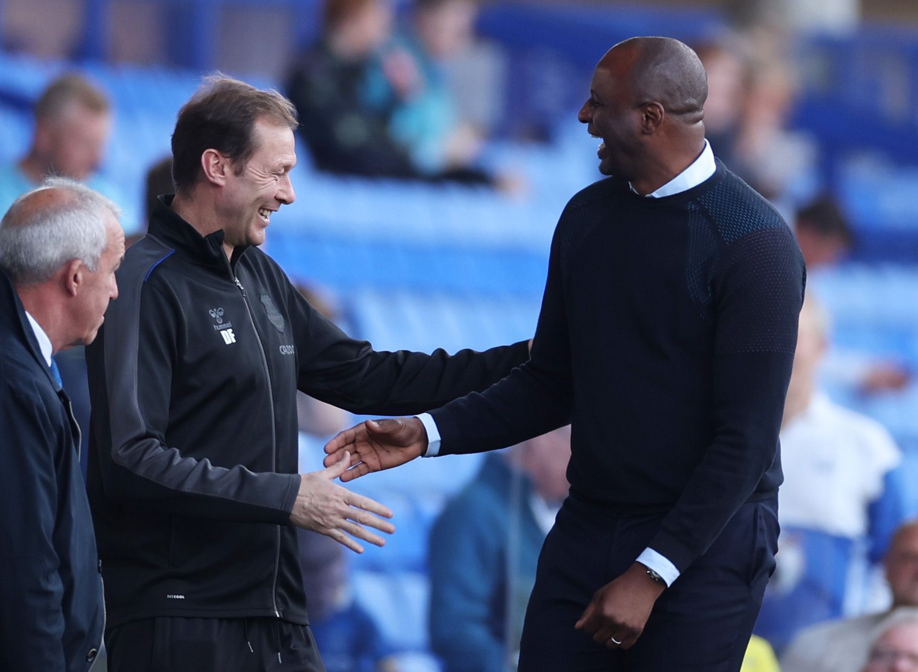 Soccer Football - Premier League - Everton v Crystal Palace - Goodison Park, Liverpool, Britain - May 19, 2022 Crystal Palace manager Patrick Vieira shakes hands with Everton assistant coach Duncan Ferguson before the match REUTERS/Phil Noble EDITORIAL USE ONLY. No use with unauthorized audio, video, data, fixture lists, club/league logos or 'live' services. Online in-match use limited to 75 images, no video emulation. No use in betting, games or single club /league/player publications.  Please 