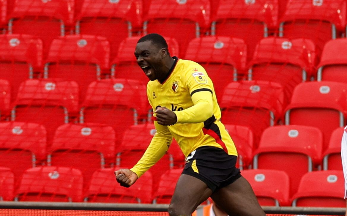 Soccer Football - Championship - Stoke City v Watford - bet365 Stadium, Stoke-on-Trent, Britain - October 2, 2022 Watford's Ken Sema celebrates scoring their second goal Action Images/Jason Cairnduff  EDITORIAL USE ONLY. No use with unauthorized audio, video, data, fixture lists, club/league logos or 