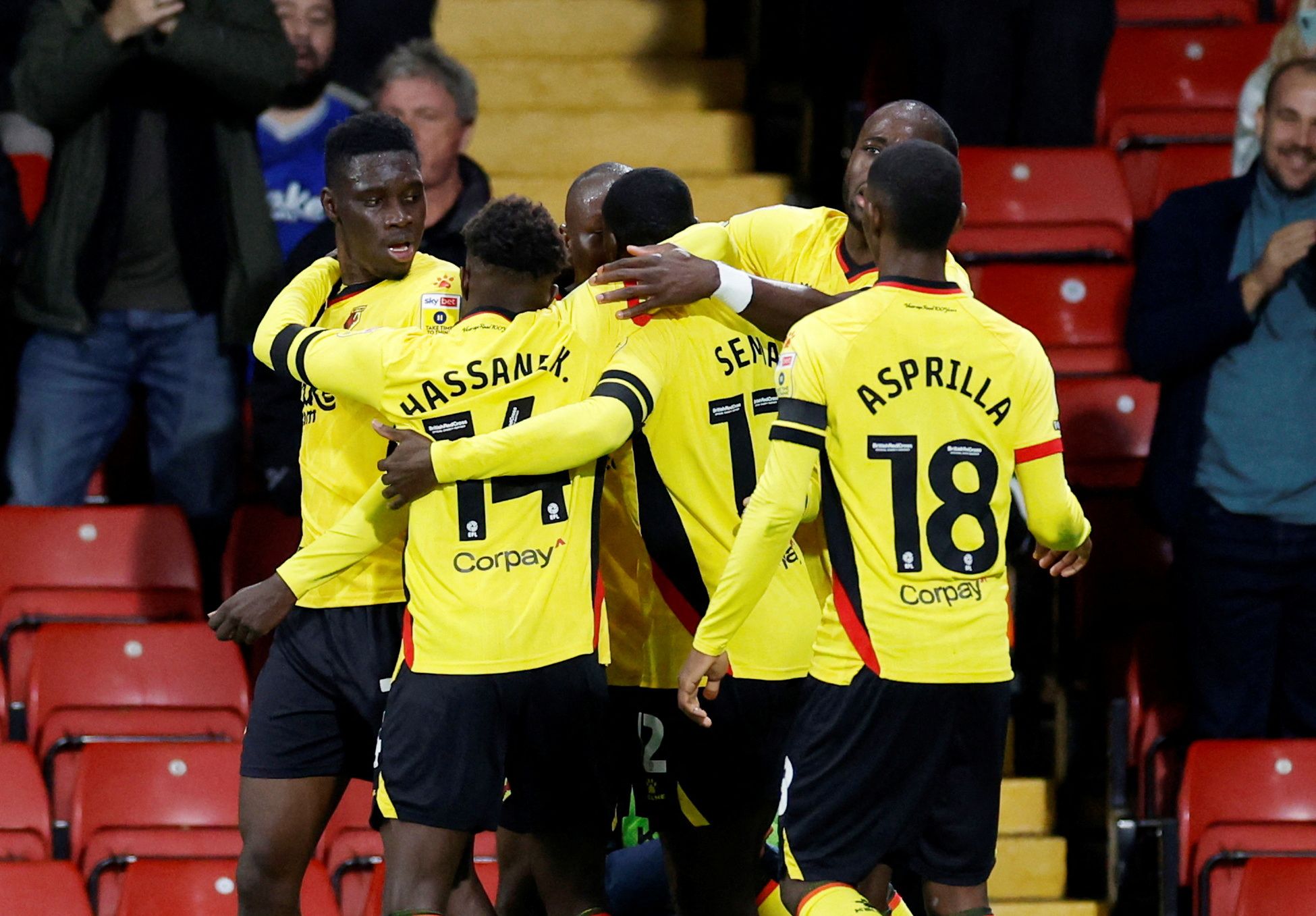 Soccer Football - Championship - Watford v Swansea City - Vicarage Road, Watford, Britain - October 5, 2022 Watford?s Ismaila Sarr celebrates scoring their first goal with teammates   Action Images/Peter Cziborra  EDITORIAL USE ONLY. No use with unauthorized audio, video, data, fixture lists, club/league logos or 