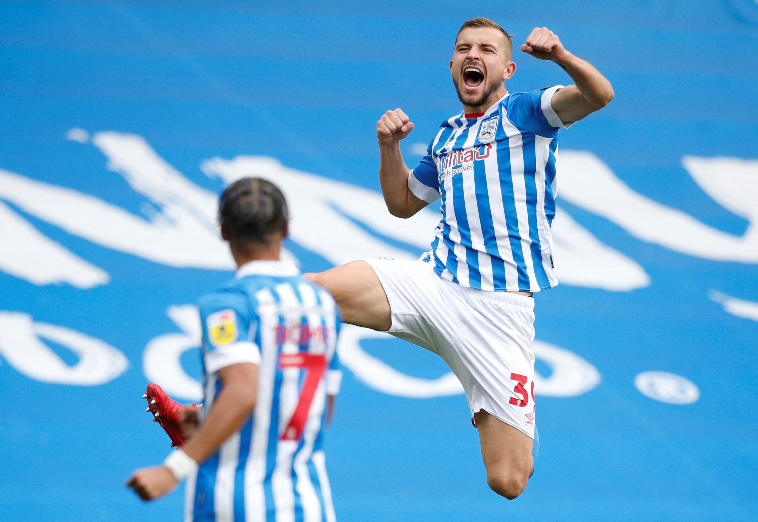 Soccer Football - Championship - Huddersfield Town v Hull City - John Smith's Stadium, Huddersfield, Britain - October 9, 2022 Huddersfield Town's Michal Helik celebrates scoring their second goal  Action Images/Ed Sykes  EDITORIAL USE ONLY. No use with unauthorized audio, video, data, fixture lists, club/league logos or 