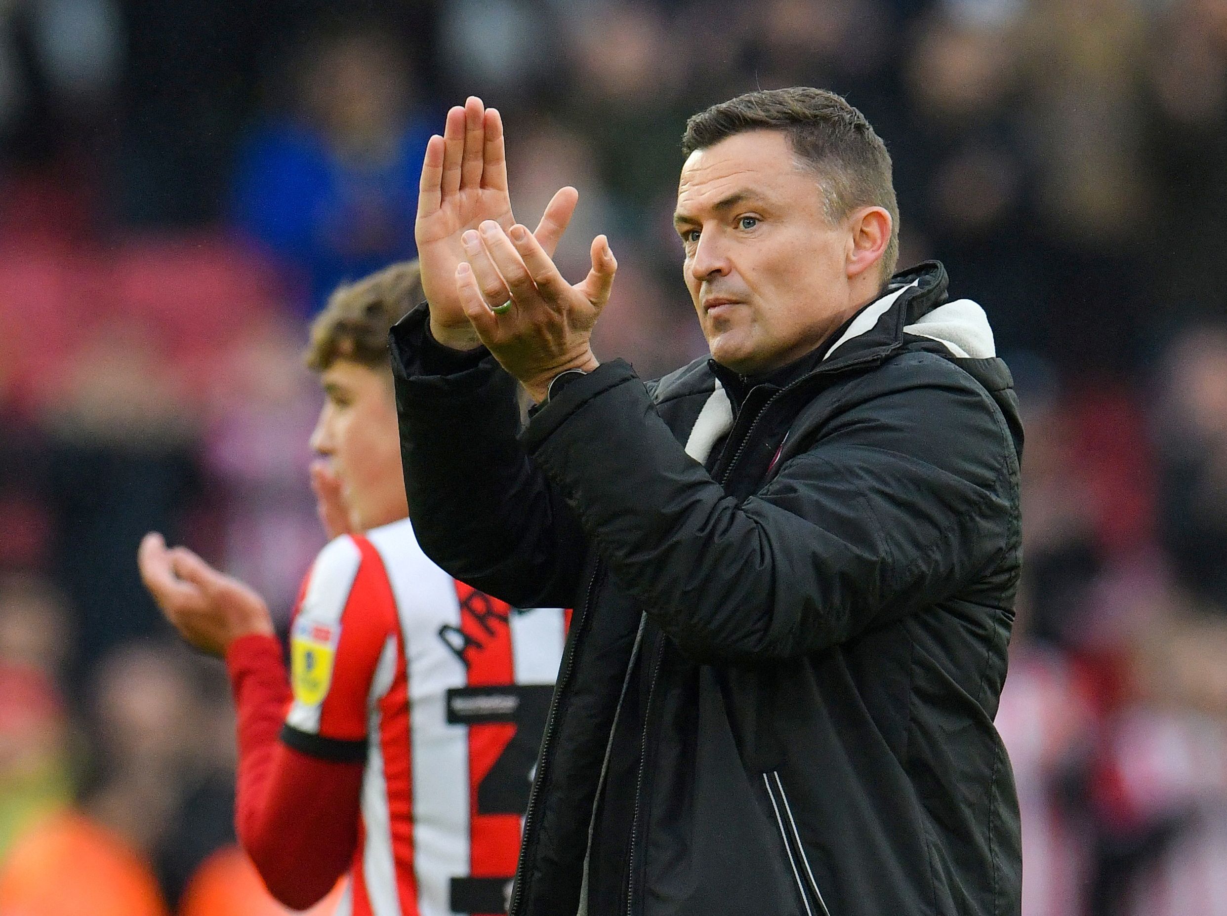 Soccer Football - Championship - Sheffield United v Burnley - Bramall Lane, Sheffield, Britain - November 5, 2022 Sheffield United manager Paul Heckingbottom applauds the fans after the match Action Images/Paul Burrows