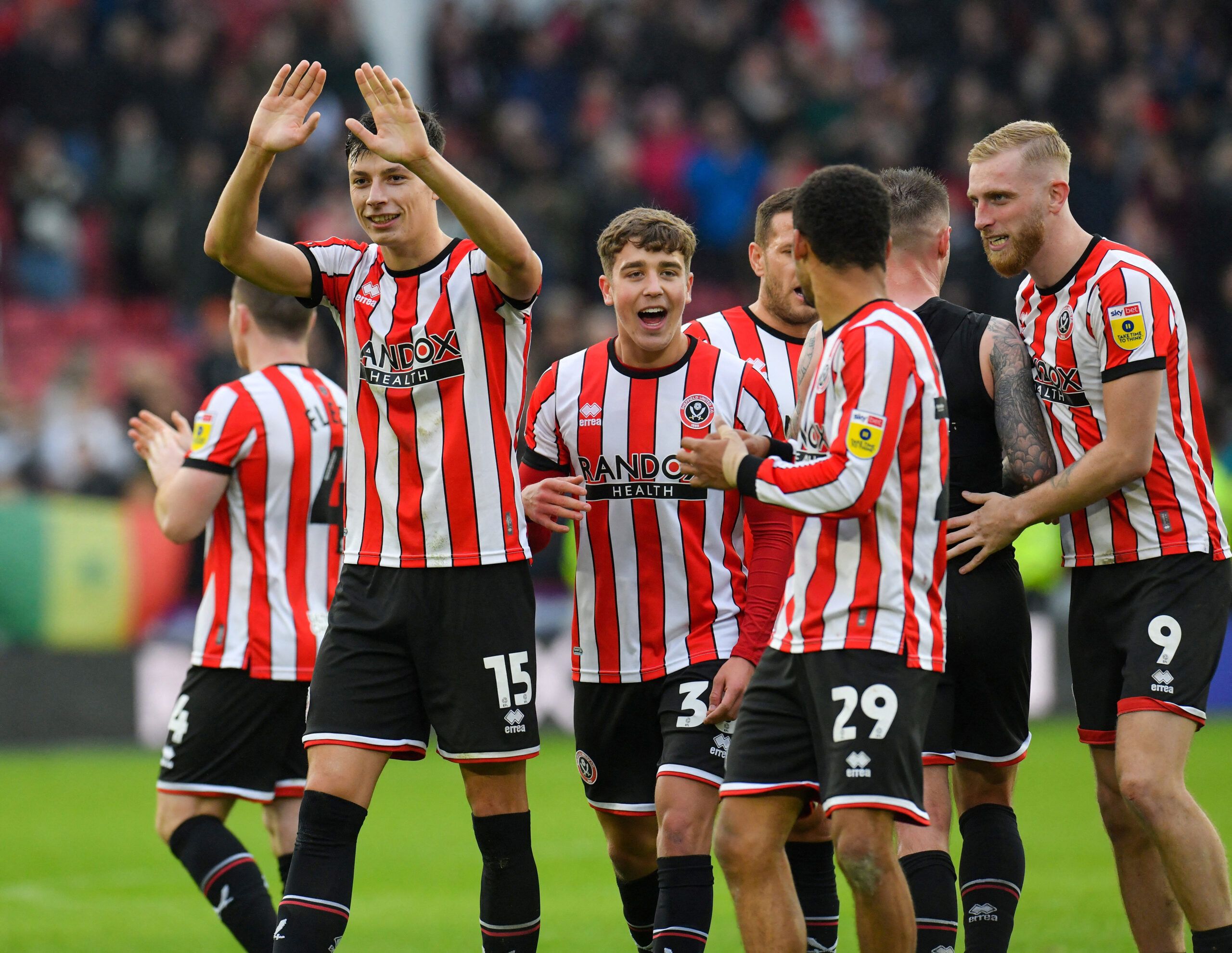 Soccer Football - Championship - Sheffield United v Burnley - Bramall Lane, Sheffield, Britain - November 5, 2022 Sheffield United's Anel Ahmedhodzic celebrates with teammates after the match Action Images/Paul Burrows