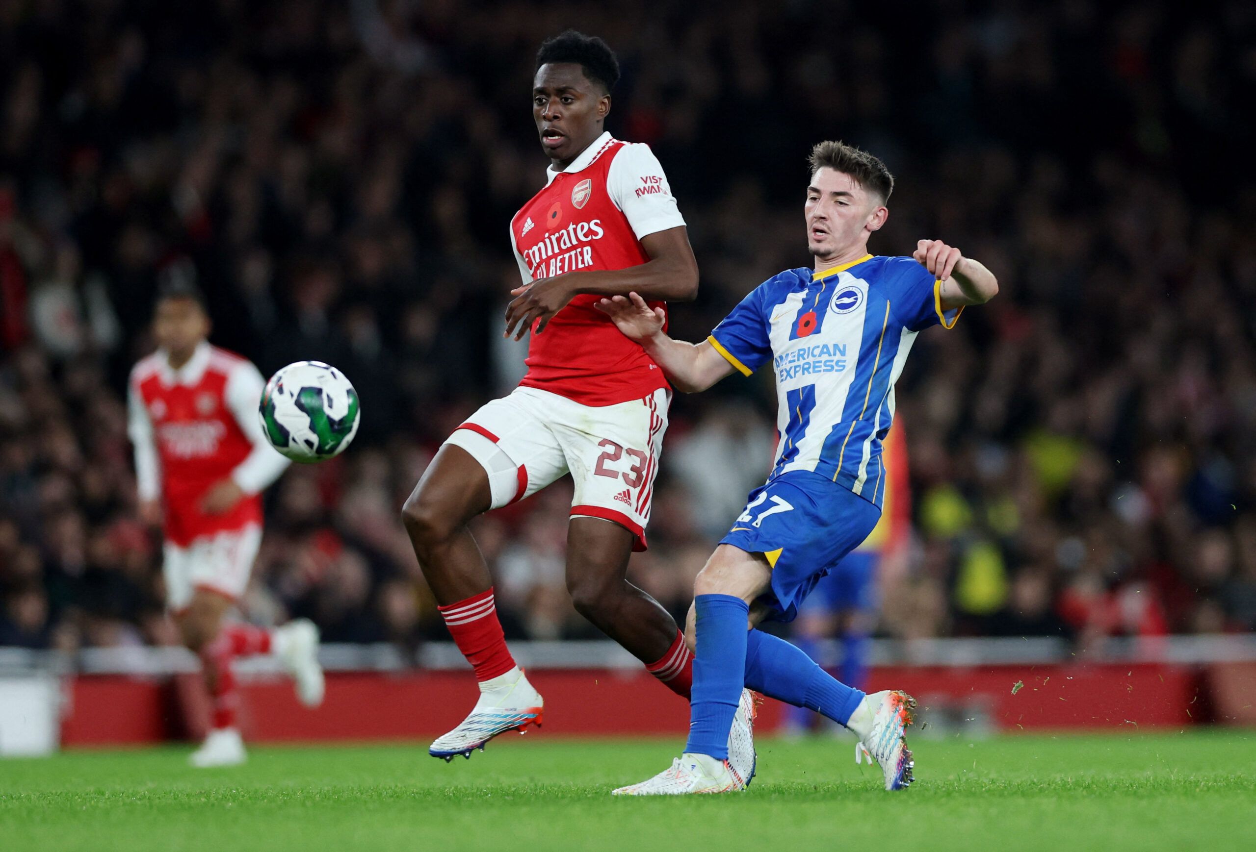 Soccer Football - Carabao Cup Third Round - Arsenal v Brighton &amp; Hove Albion - Emirates Stadium, London, Britain - November 9, 2022 Arsenal's Albert Sambi Lokonga in action with Brighton &amp; Hove Albion's Billy Gilmour Action Images via Reuters/Matthew Childs EDITORIAL USE ONLY. No use with unauthorized audio, video, data, fixture lists, club/league logos or 'live' services. Online in-match use limited to 75 images, no video emulation. No use in betting, games or single club /league/player